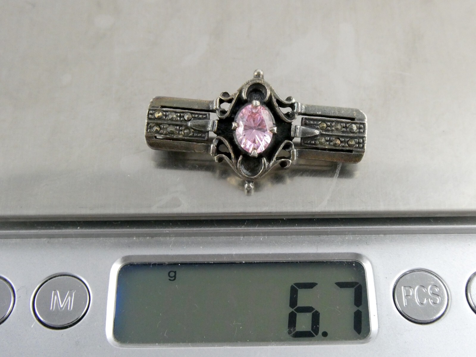 Sterling Silver Pink CZ and Marcasite Studded Bar Brooch Pin 925 6.7g 1.5 Inches