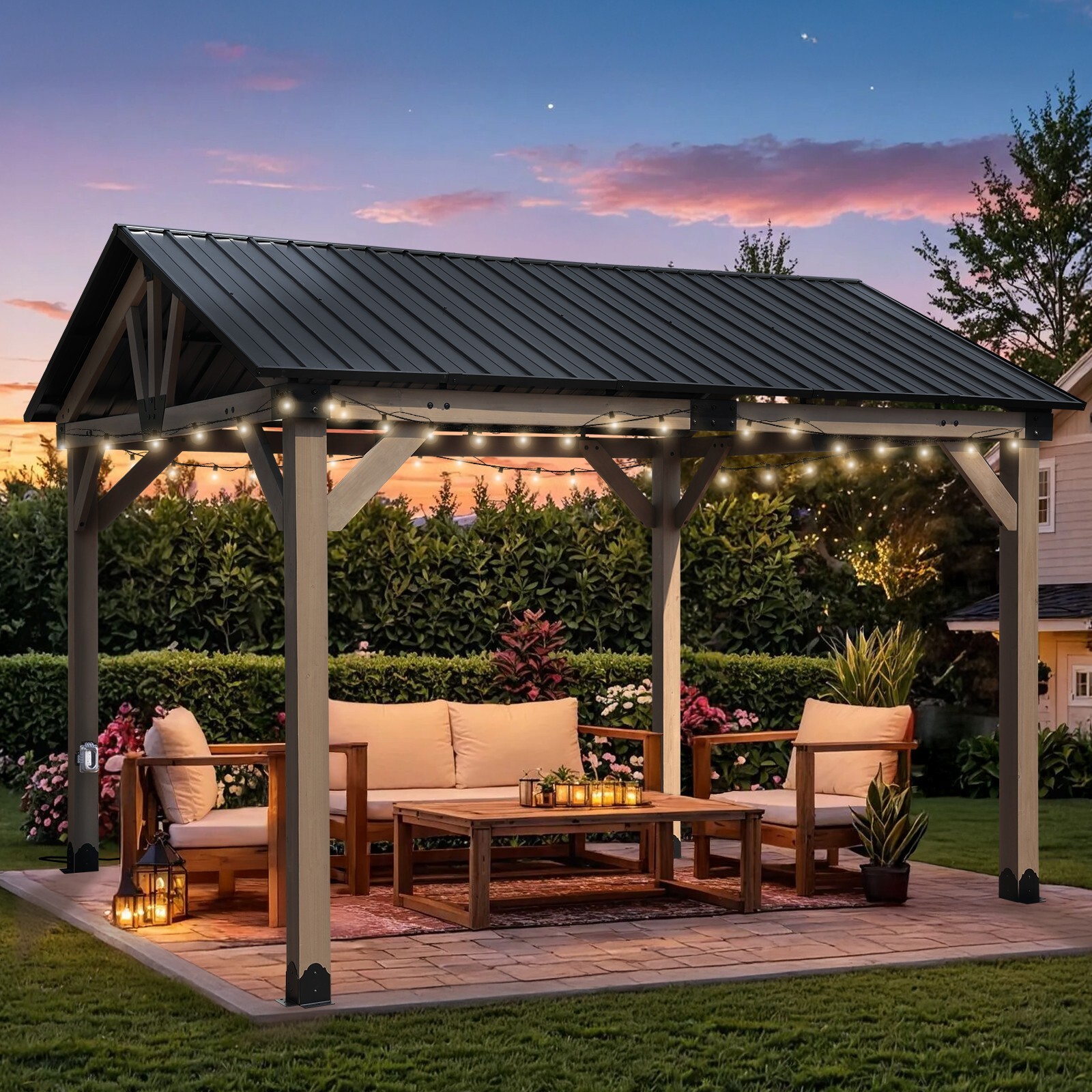 Aoodor 10'x 12' Hardtop Gazebo Outdoor Cedar Wooden Frame with Waterproof Socket