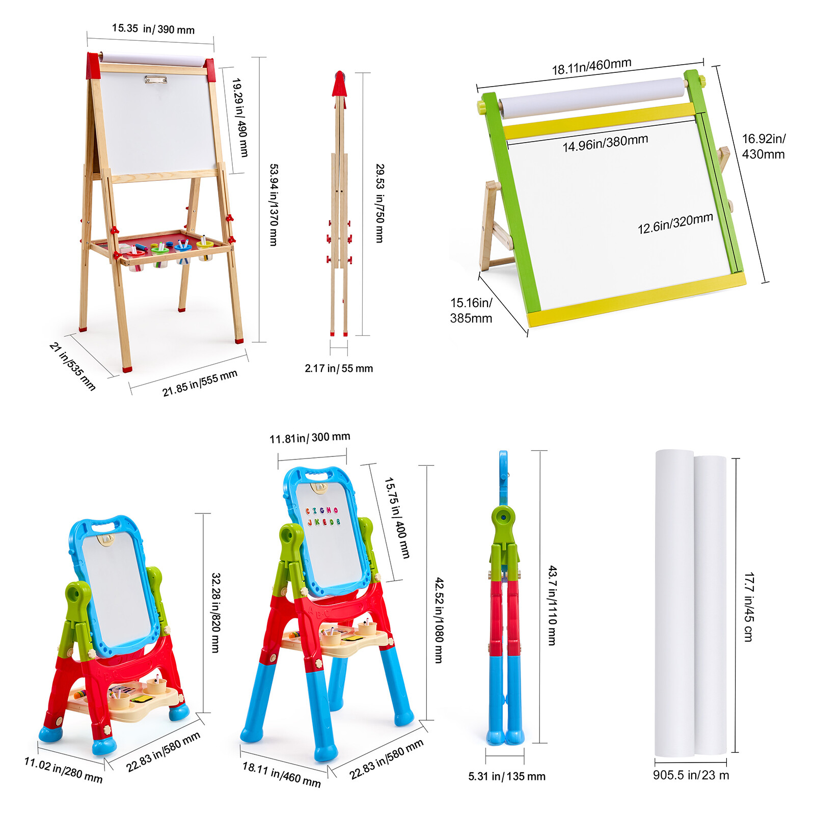 2/3-in-1 Kids Art Easel Magnetic Whiteboard Chalkboard Tabletop/Standing