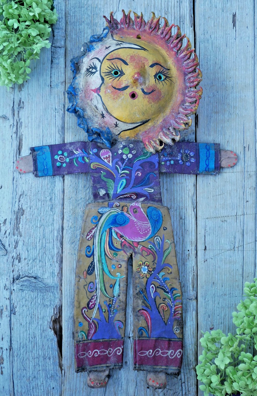 Sun Moon Face Man Hand Painted Handmade Canvas Coconut Guerrero Mexico Folk Art