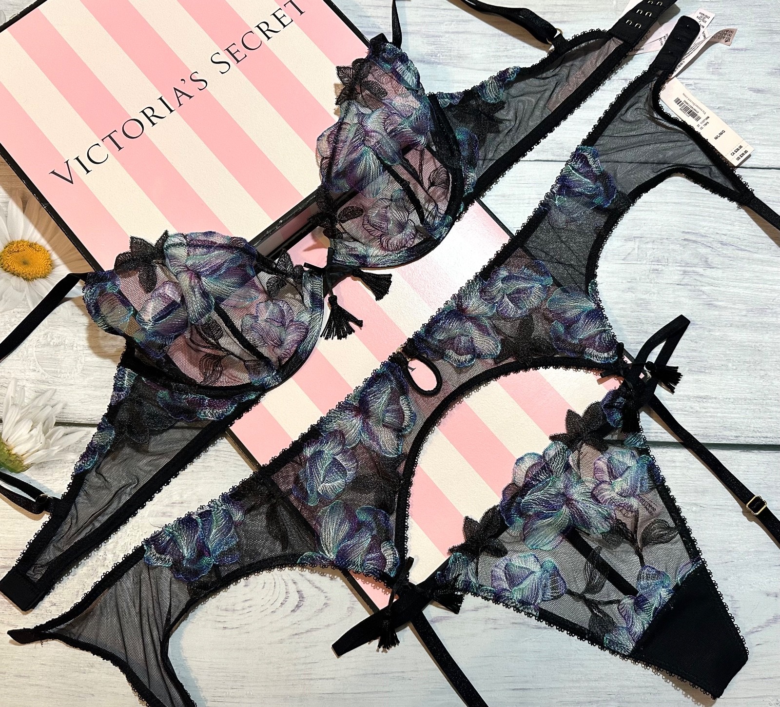 Victoria's Secret Black Electric Orchid Embroidery Unlined Demi Bra Garter Set