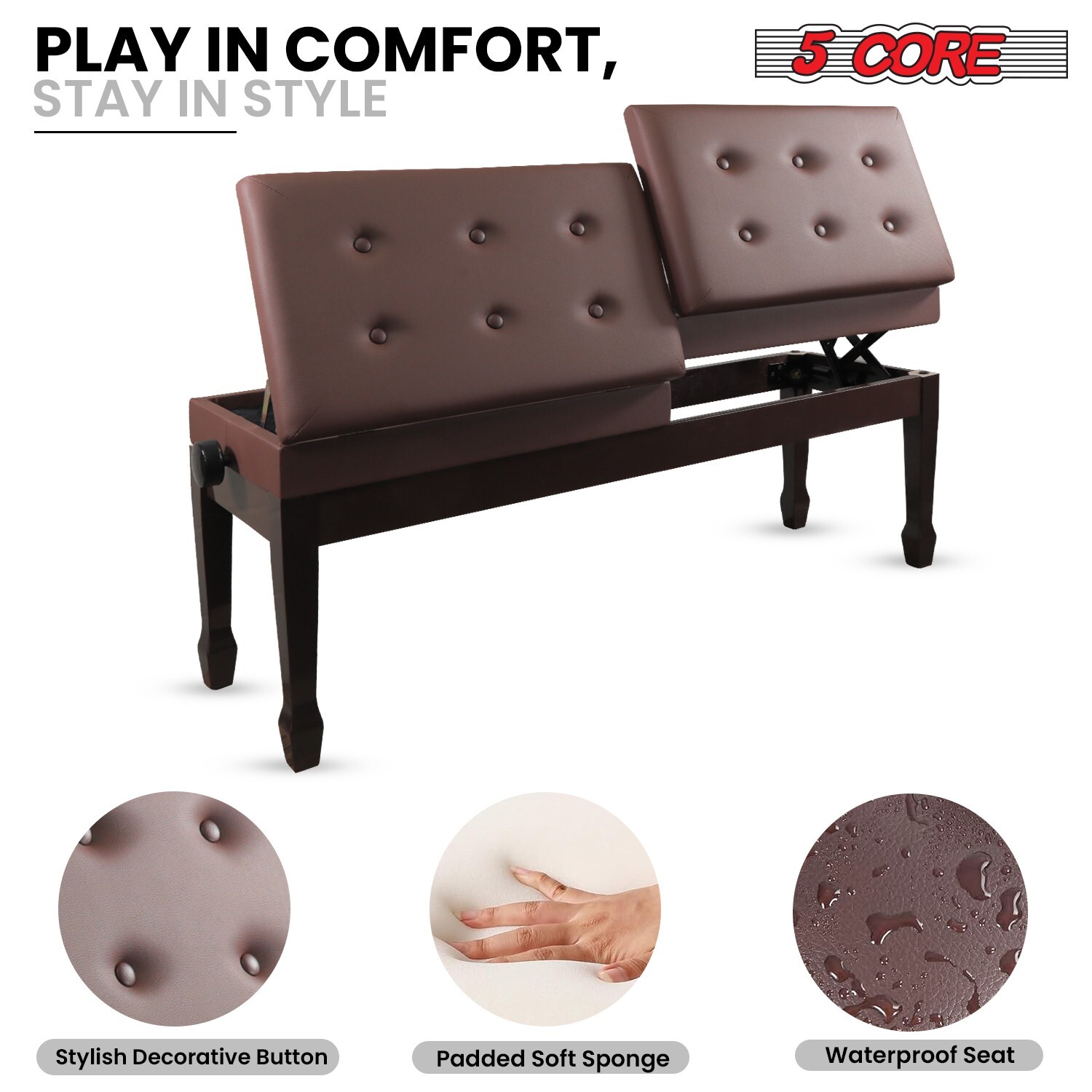 5 Core Duet Piano Bench 3.5 Inch Padded Cushioned Double Seater Wooden Stool