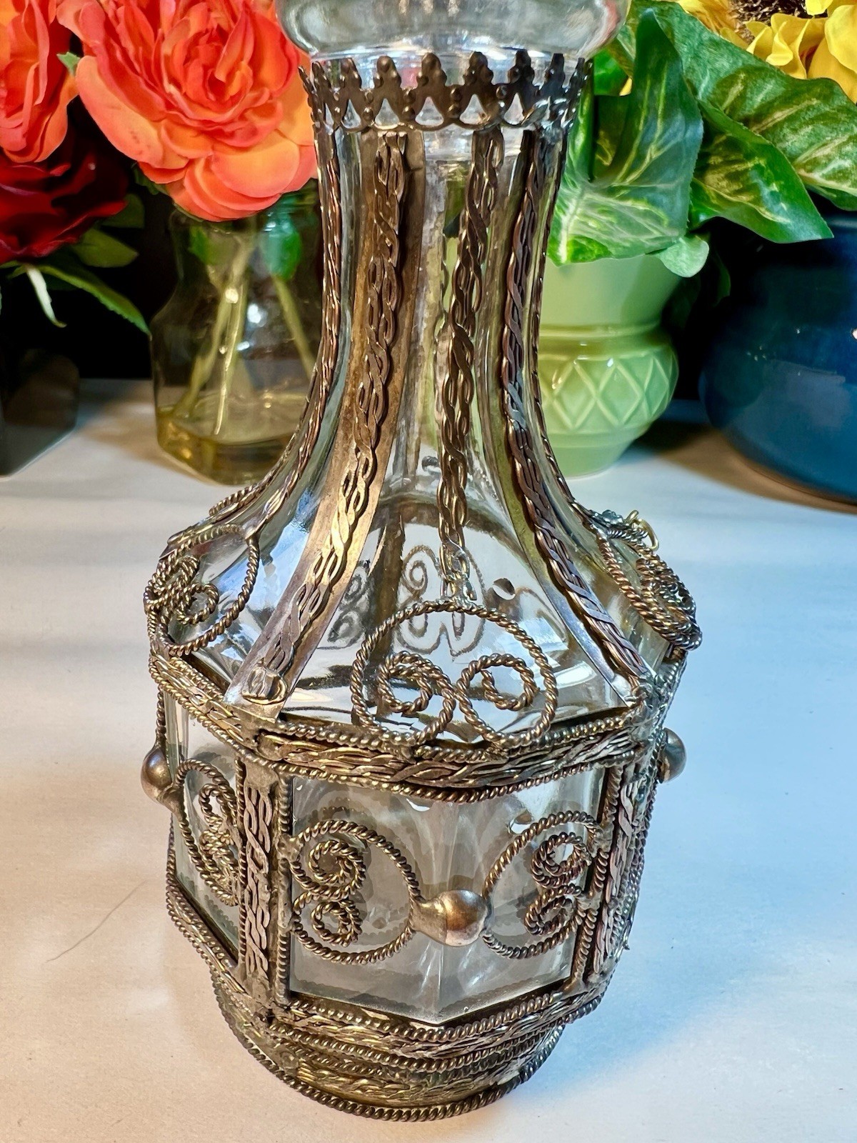 VTG GLASS BOTTLE SILVER PLATED, BRASS, COPPER OVERLAY BOTTLE 1900's UNIQUE
