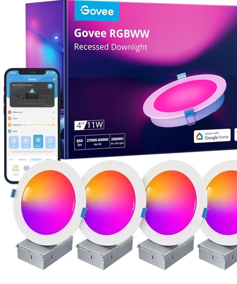Govee Smart Recessed Lighting 4 Inch RGBWW Wi-Fi Bluetooth 4-Pack