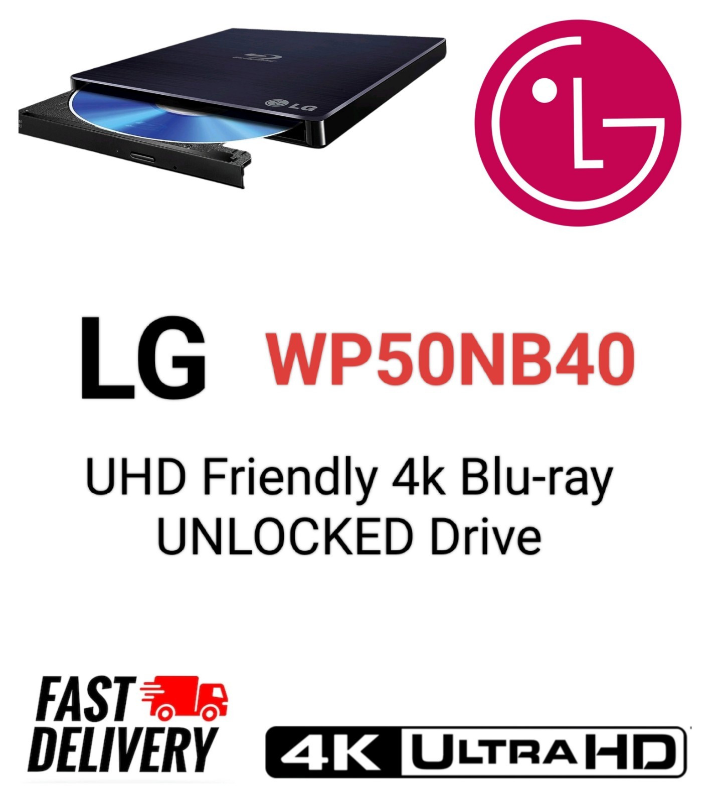 LG WP50NB40 Slim External Blu-ray Disc Drive Flashed UNLOCKED 4k UHD Friendly