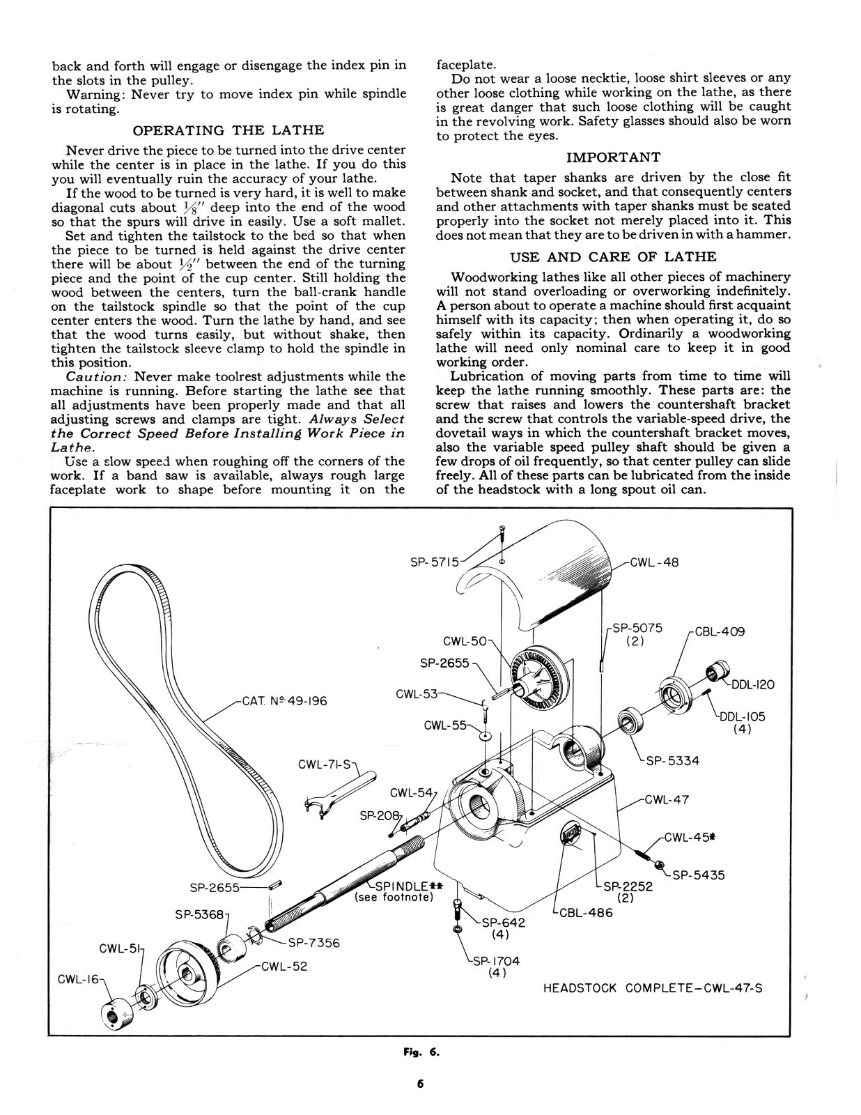 Delta 12" Variable Speed Wood Lathe Operating, Maint & Parts List Manual #1960