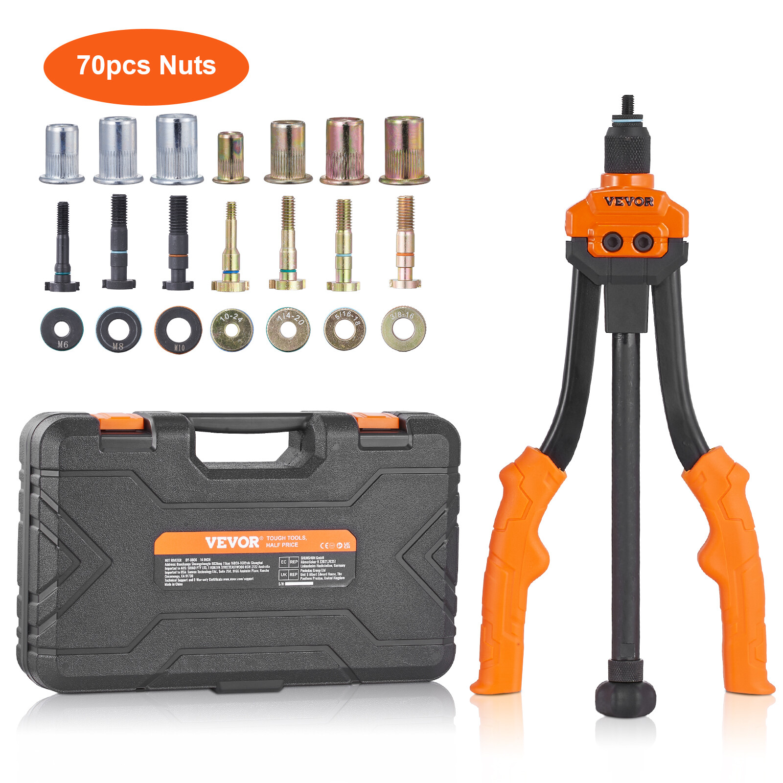 VEVOR Rivet Nut Tool 14in Rivnut Tool Kit 7 PCS Mandrels and 70 PCS Rivet Nuts