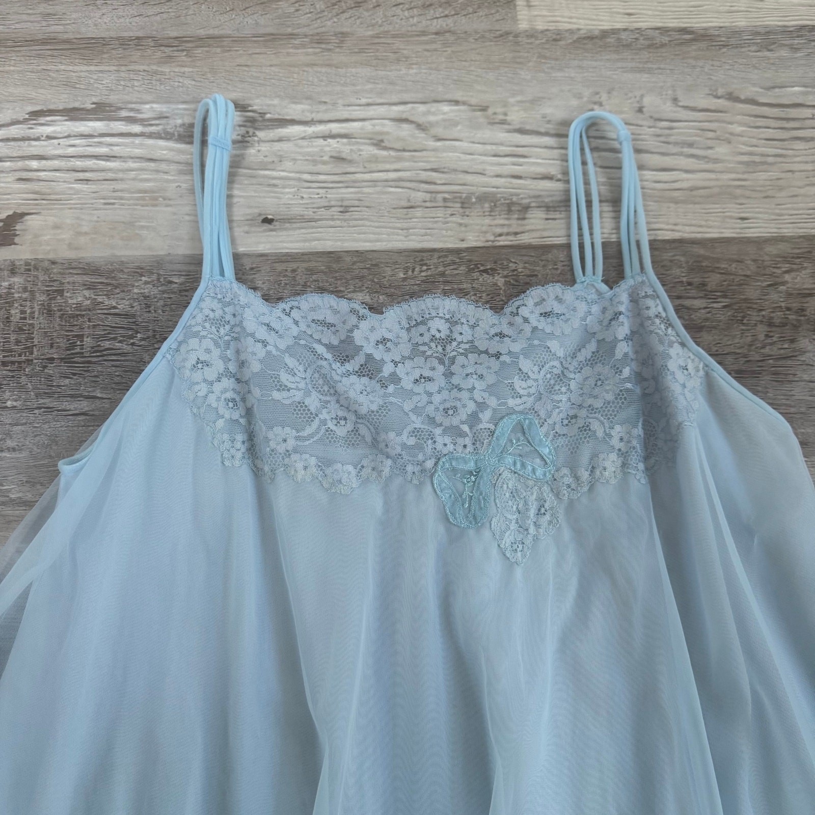 Vintage Van Raalte Blue Sheer Nylon Lace Slip Dress Nightgown 60s Small