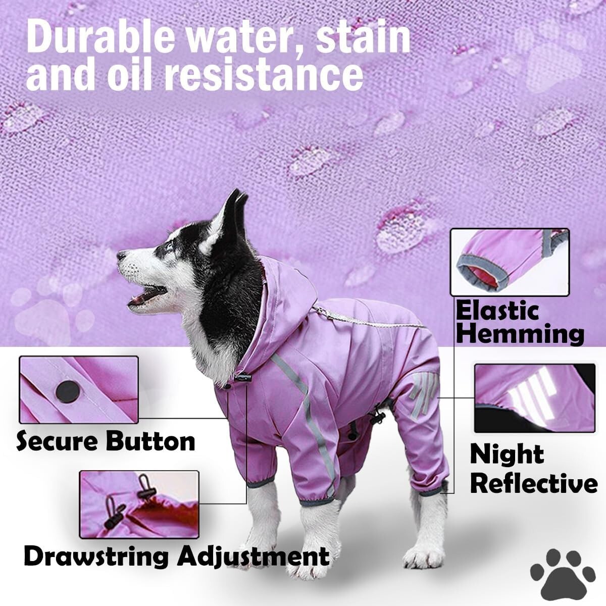 Dog Raincoat, Rain Jacket with Hat, Lightweight Raincoat, Waterproof (Purple, M)