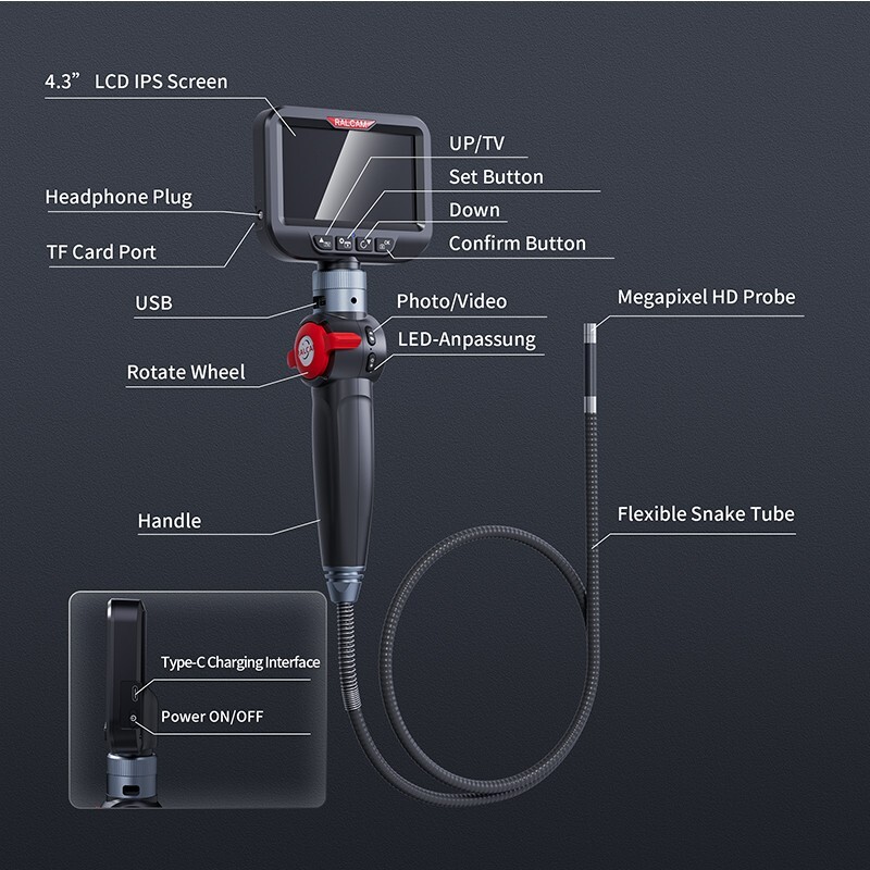 Ralcam Endoscope Inspection Camera Articulating Borescope 3.3FT Flexible Tube