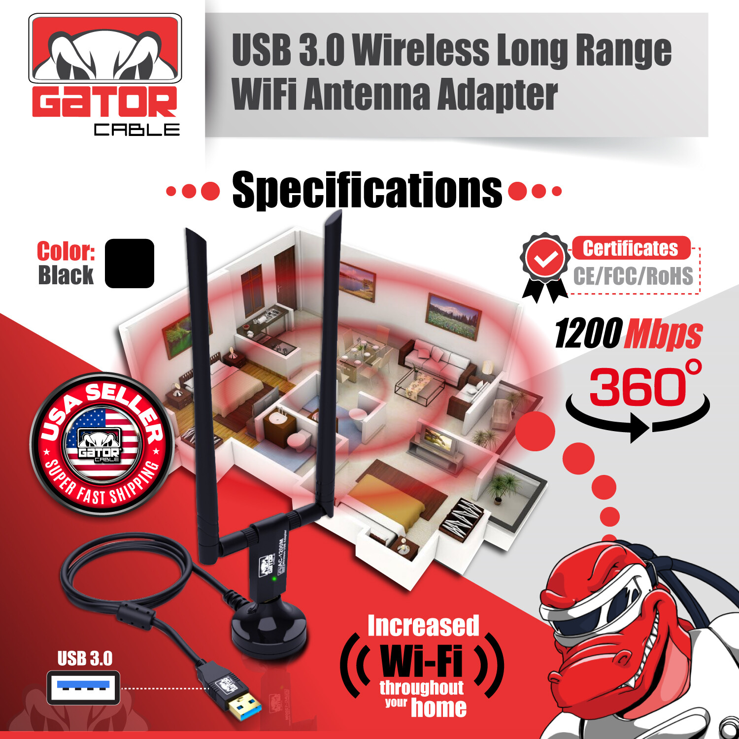 WiFi Wireless Antenna USB 3.0 Adapter Long Range 1200Mbps Dual Band 5GHz 2.4GHz