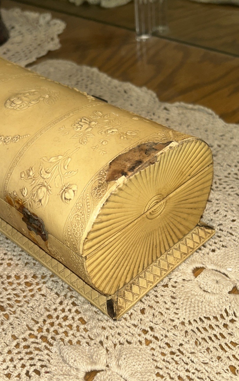 Antique Jewelry Box Engraved Angel Celluloid Wrapped Wood 9x 3.75 Oval Quite Old