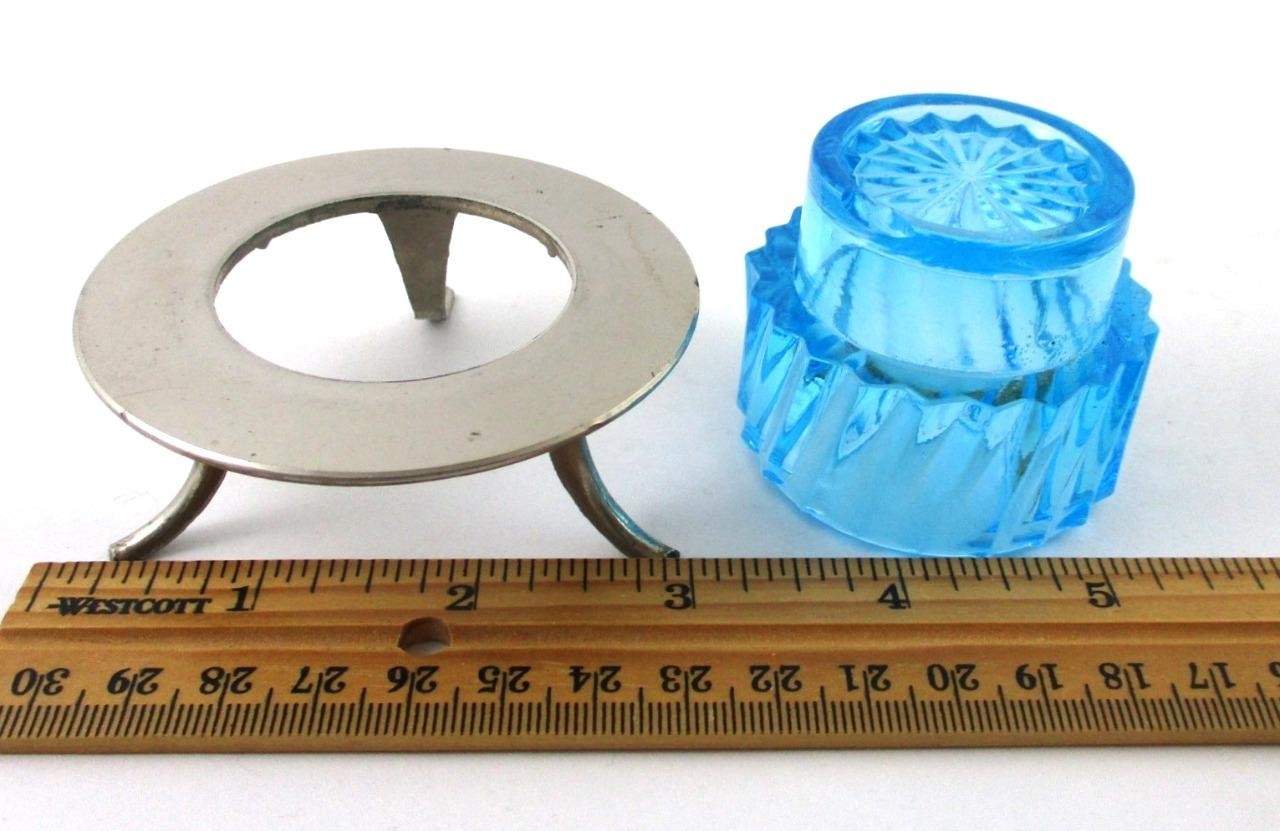 Sapphire BLUE Ribbed Swirl pressed glass OPEN SALT, Footed Metal STAND - GERMANY