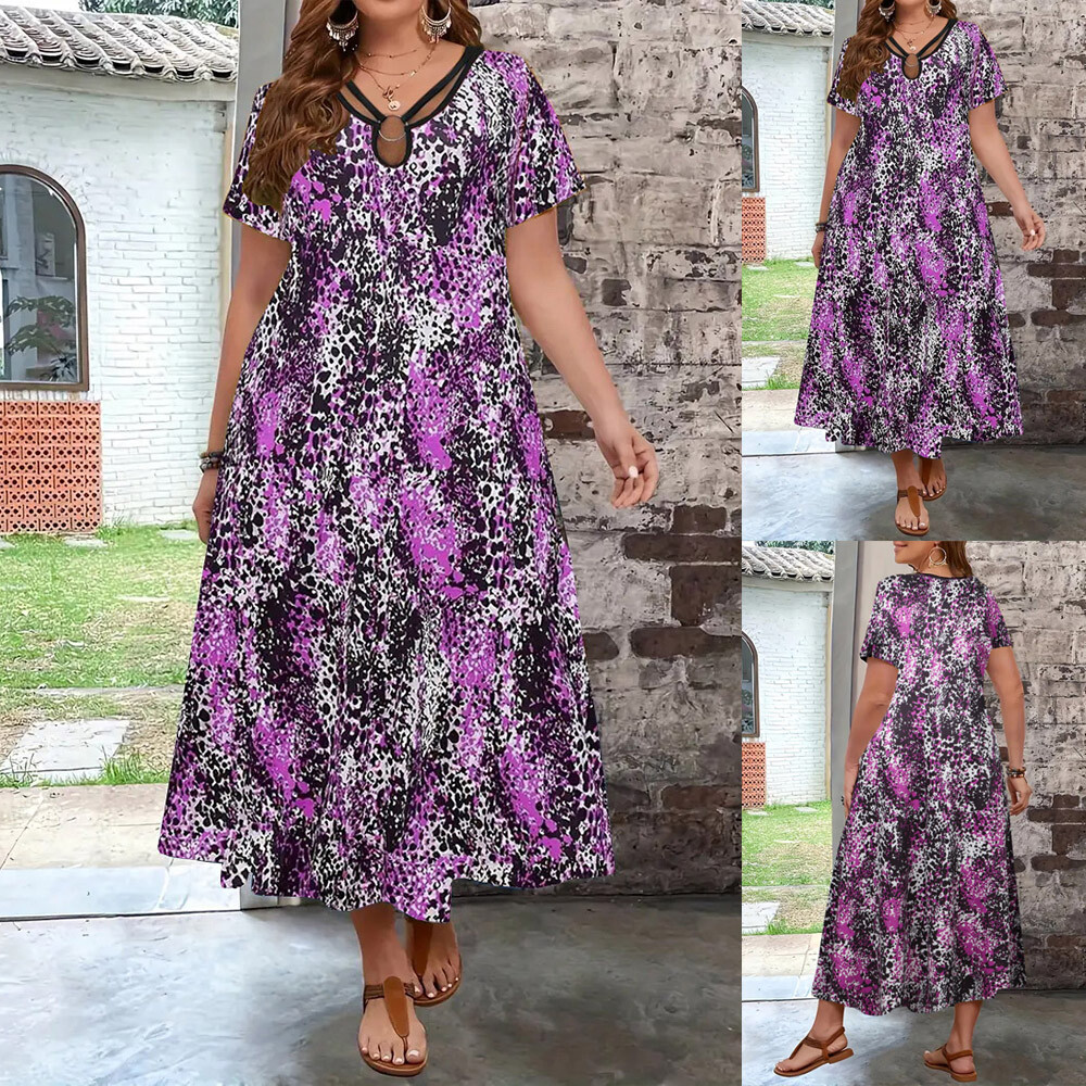 Plus Size Womens Leopard V-Neck Long Maxi Dress Summer Holiday Beach Sundress