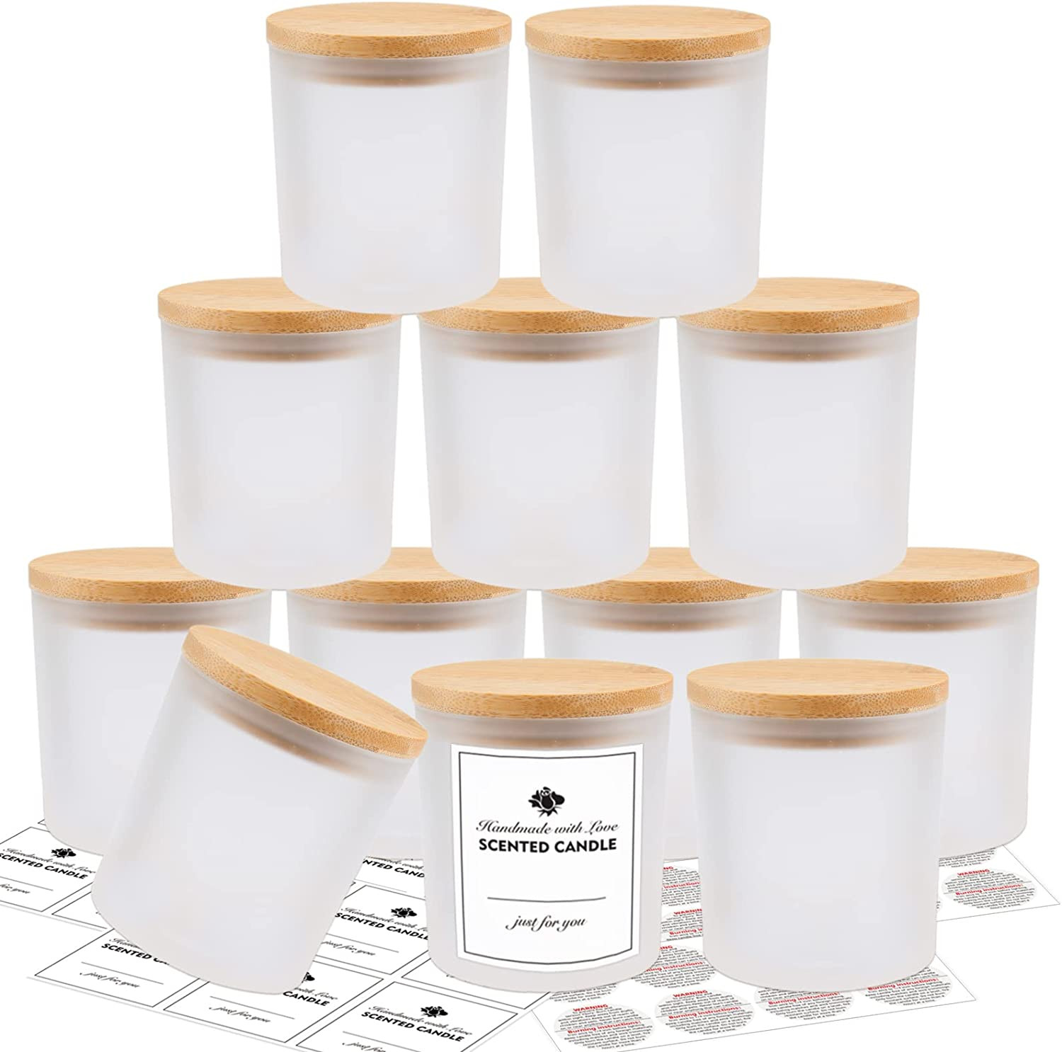 12 Pack Glass Candle Jars-10Oz Frosted Empty Candle Jars with Bamboo Lids and St