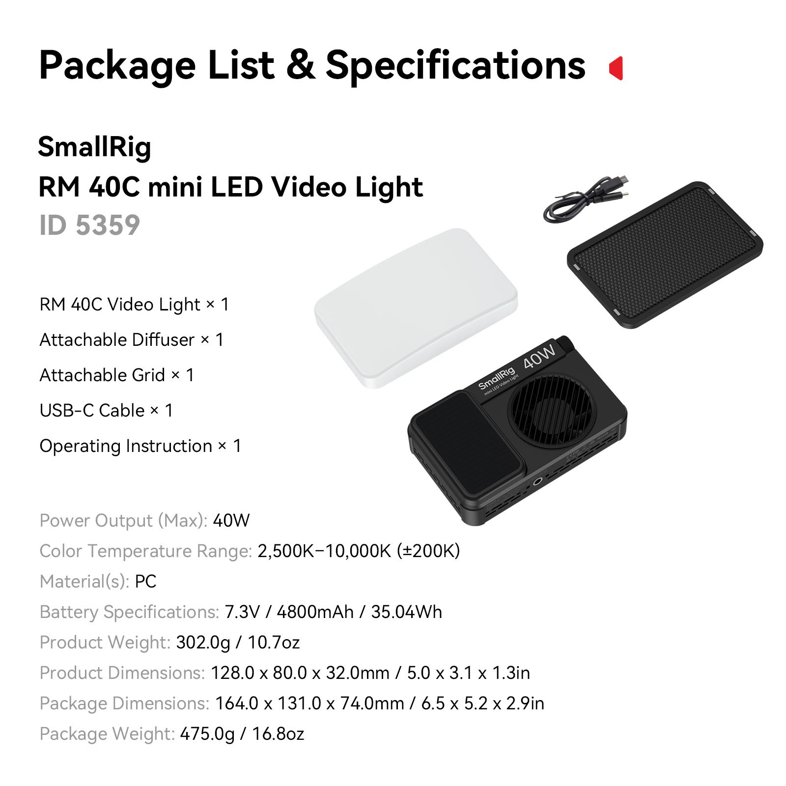 SmallRig RM 40C Mini LED RGB Video Light,4800mAh Battery 2500K-10000K 5359