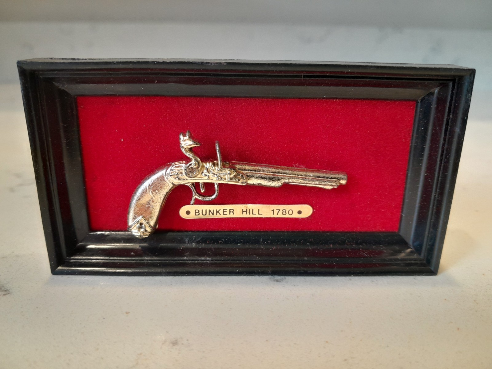 Vintage 1970s Miniature Brass Pistol Model Bunker Hill 1780 Framed 4"