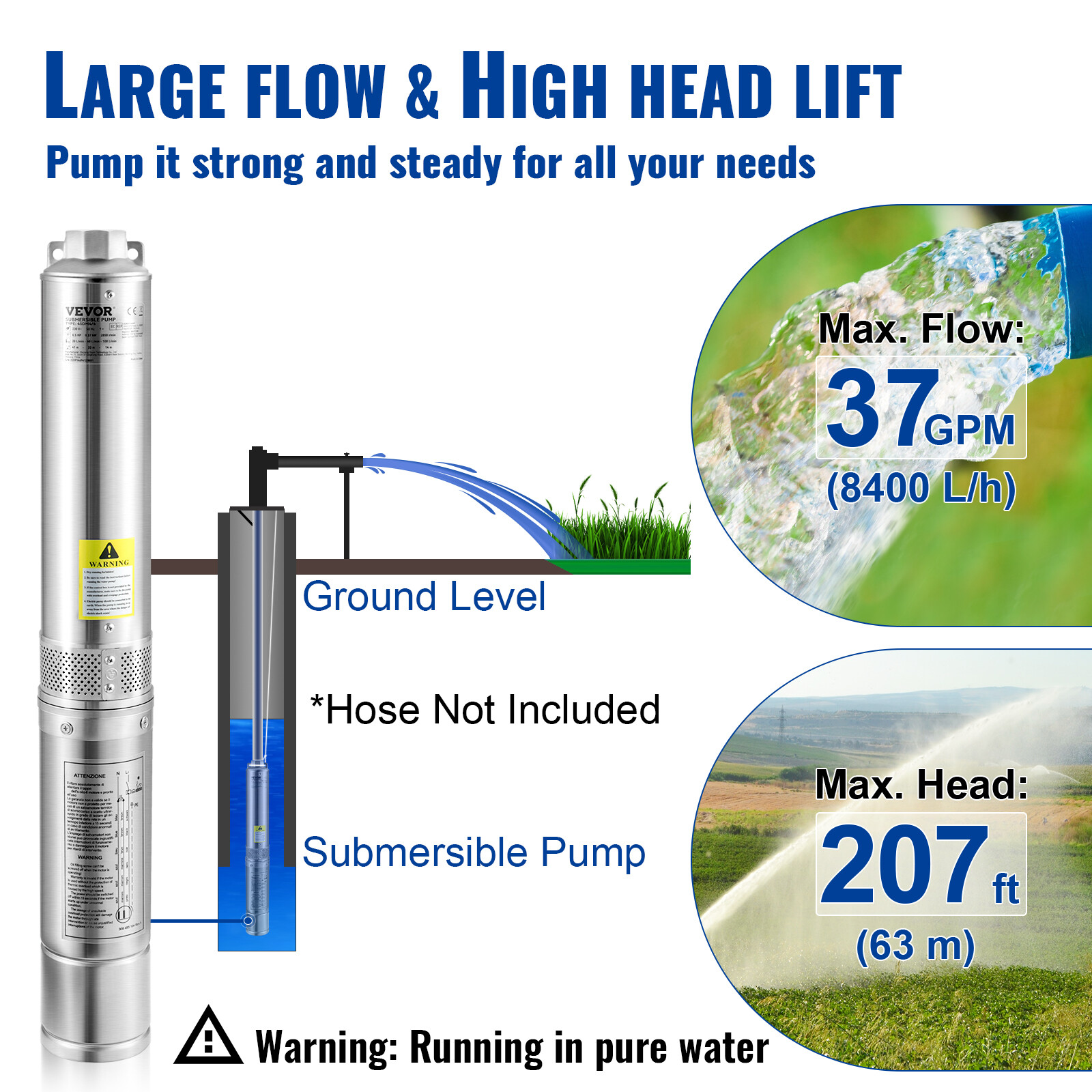 VEVOR 1HP 4” Deep Well Pump 37GPM Submersible Pump 207ft Stainless Steel 230V