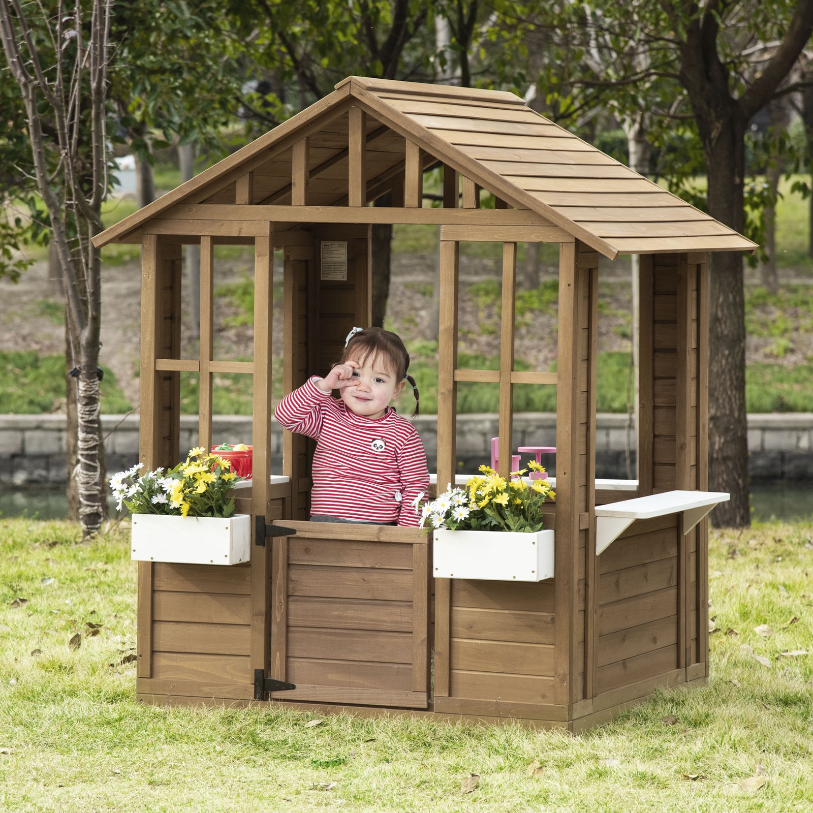 Wooden Kids Playhouse Outdoor with Door Window Flower Pot Holder Yard Garden Toy