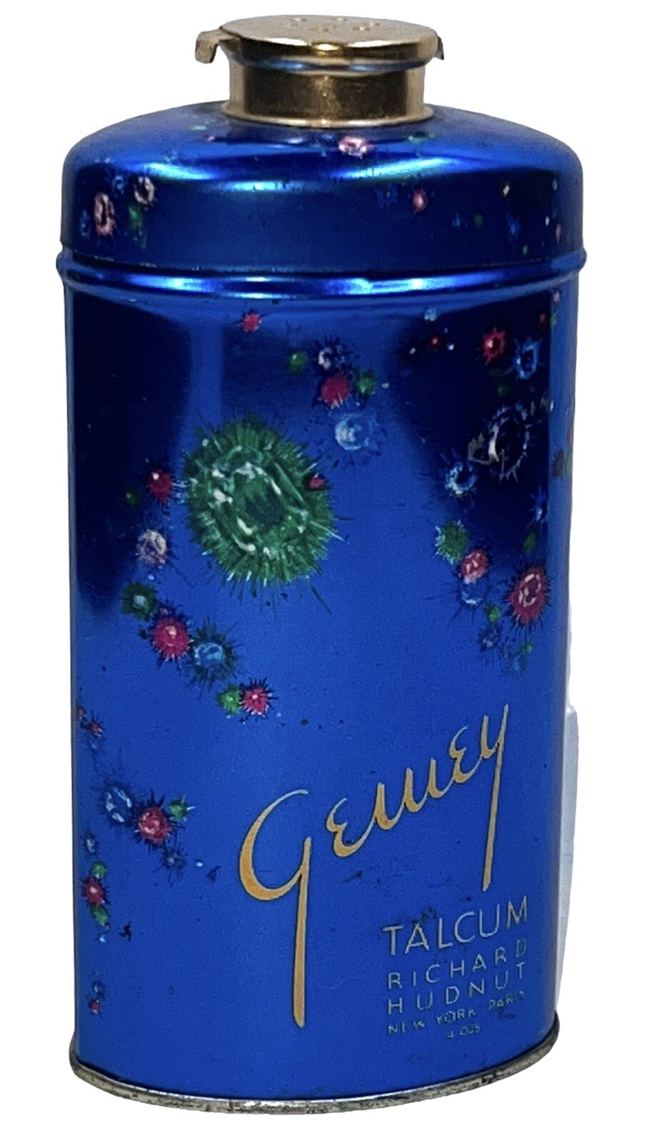 Rare Antique Gewey Talcum Powder Tin Litho Can Richard Hudnut Emerald Ruby Gems