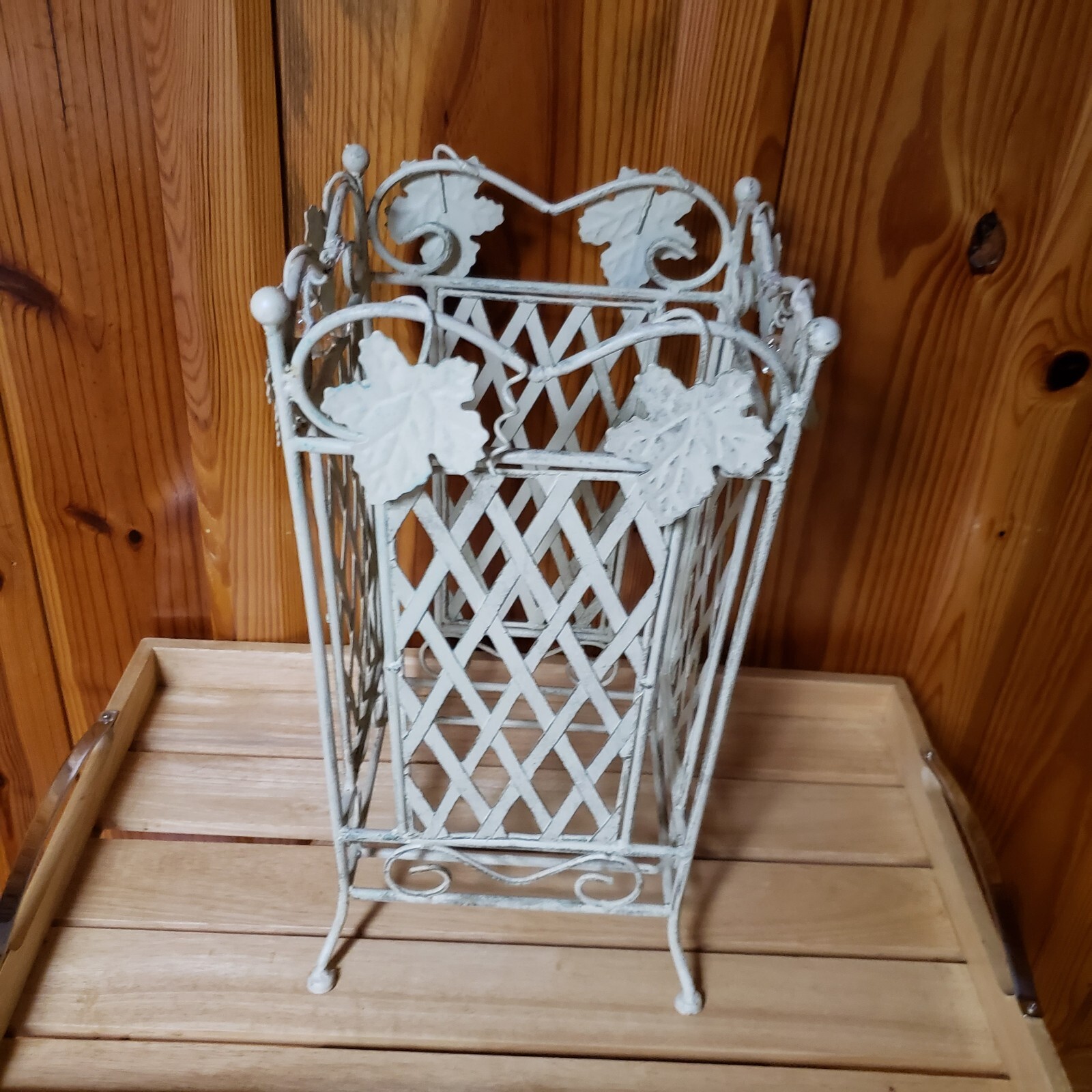 Vtg Umbrella/Walking Stick Cane Holder/Stand Beige Metal Design 16.5" W/Tray