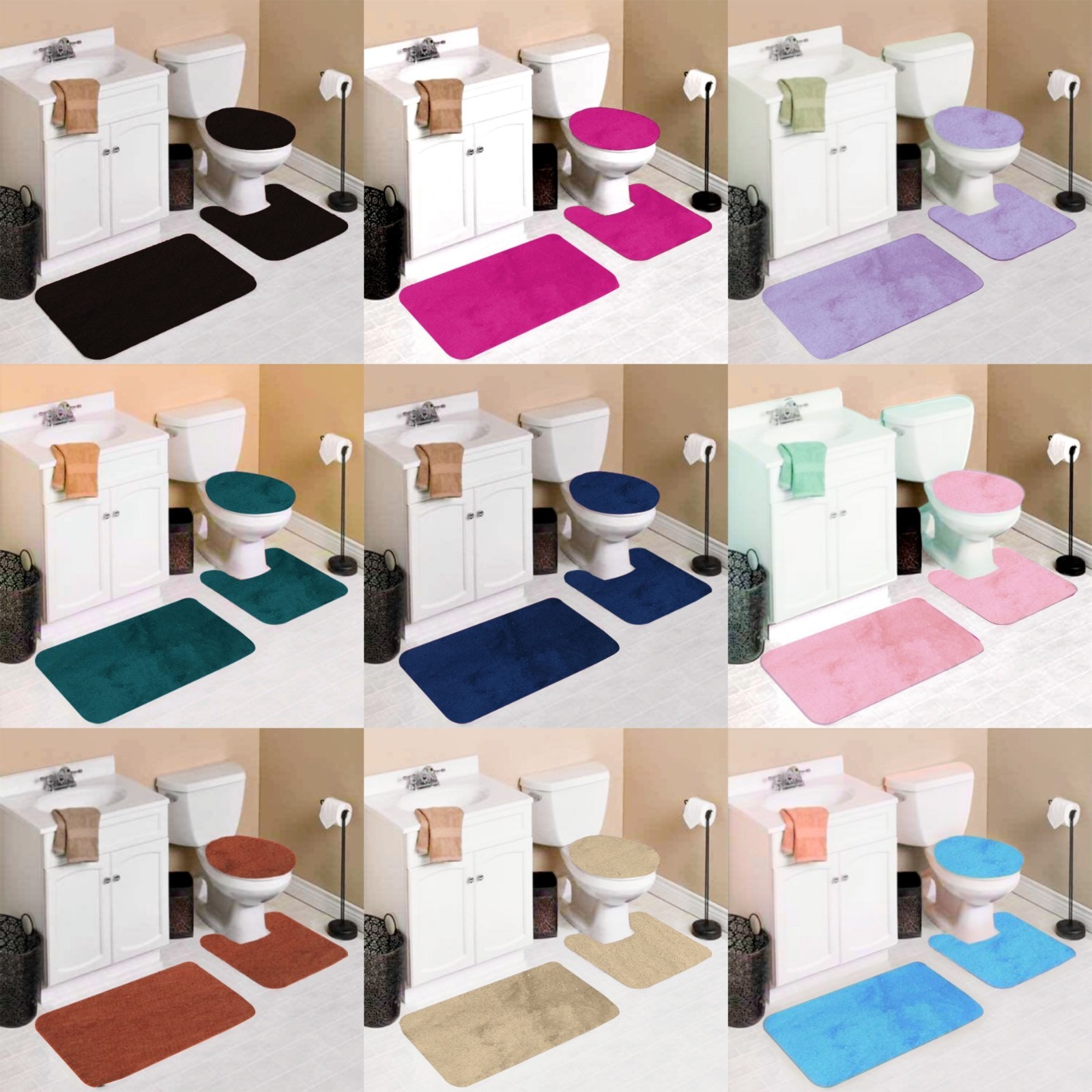 3PC BATHROOM SET RUG CONTOUR MAT TOILET LID COVER PLAIN SOLID COLOR BATHMATS