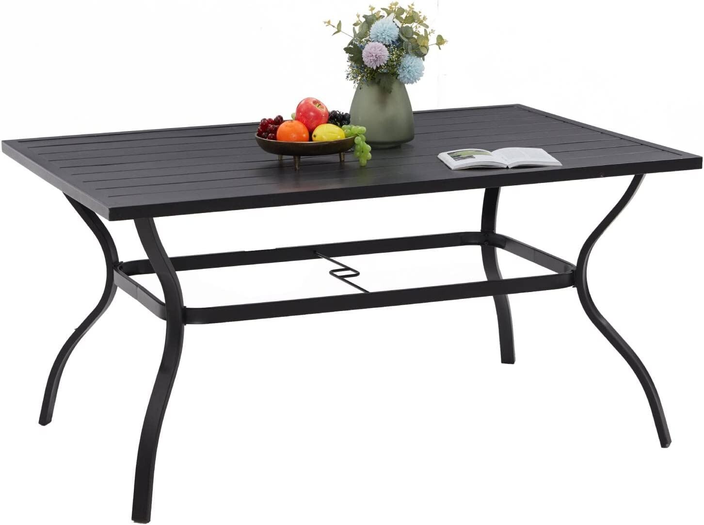 60" Outdoor Dining Table Metal Rectangular Patio Dining Table with Umbrella Hole