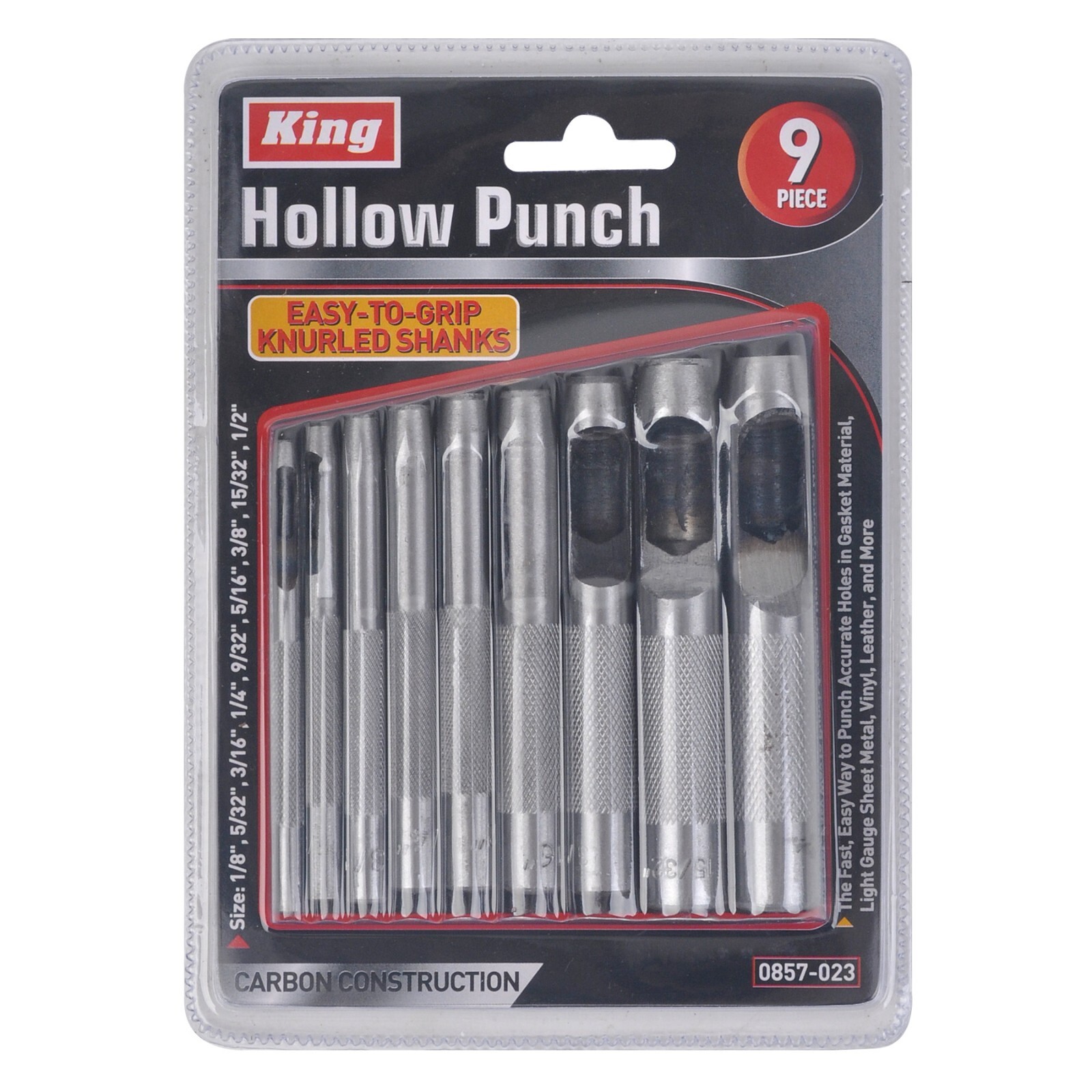 KING 9pc Heavy-Duty HOLLOW HOLE PUNCH SET, Gasket Vinyl Plastic Rubber Leather