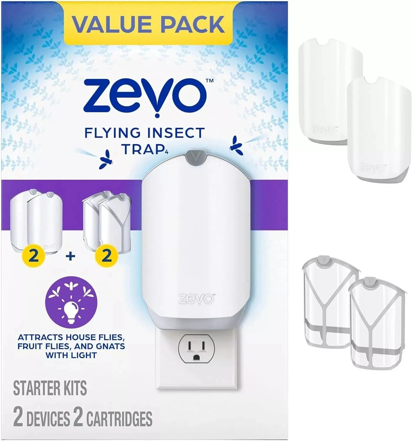 Zevo Flying Insect Trap (2 Plug-in Bases + 2 Cartridges) Featuring Blue UV Light