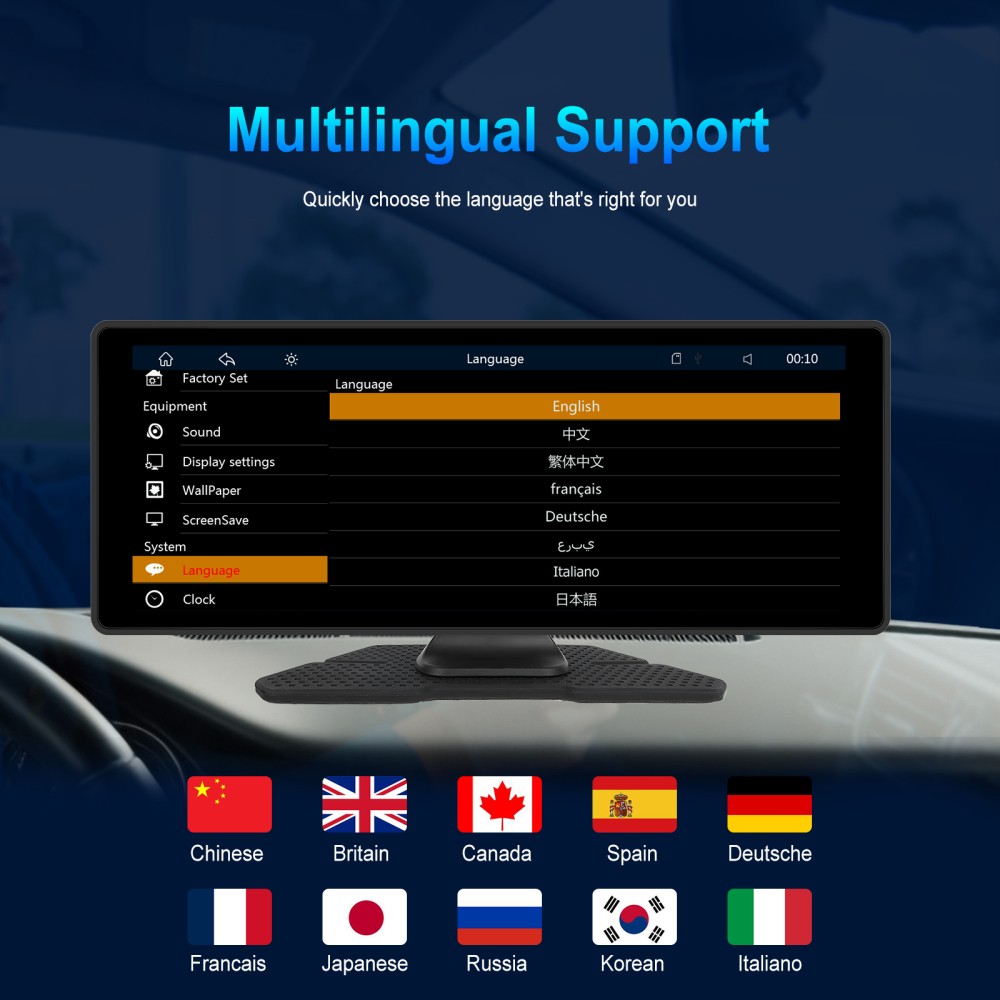 10.26" Touch Screen Wireless Apple Carplay Portable Car Stereo Android Auto Cam