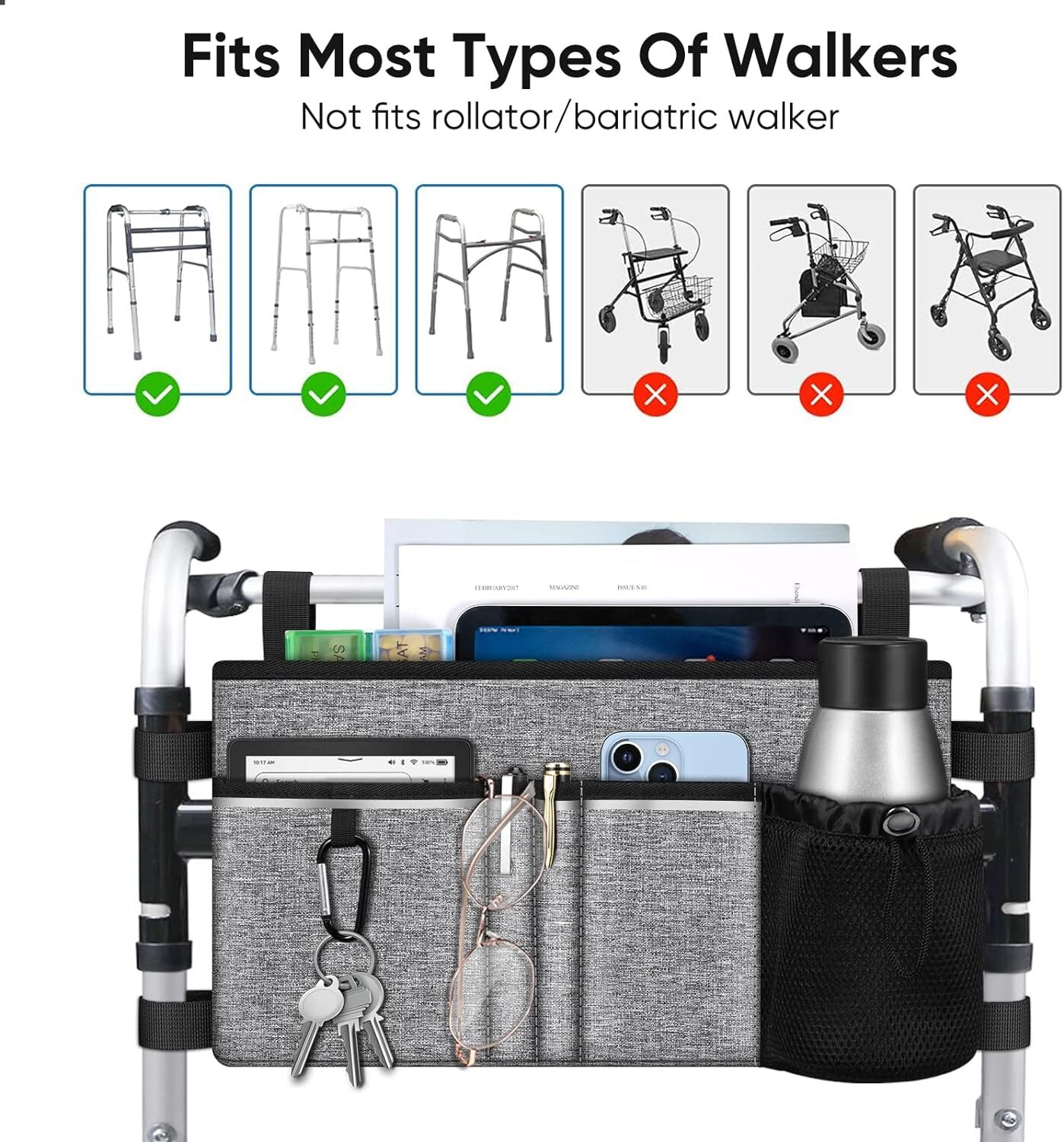 Large Walker Tote Bag with Cup Holder, Folding Walker Attachment Storage Basket
