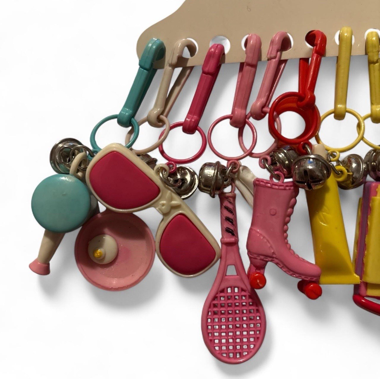 Vintage 80s Plastic Clip On Bell Charm Necklace 12 Charms Assorted Made Taiwan