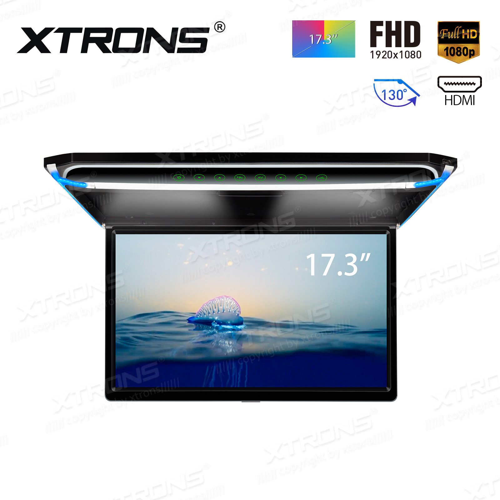 17.3" Car TV Roof Flip Down Monitor HDMI USB 1080P Video Player +2x Headphones
