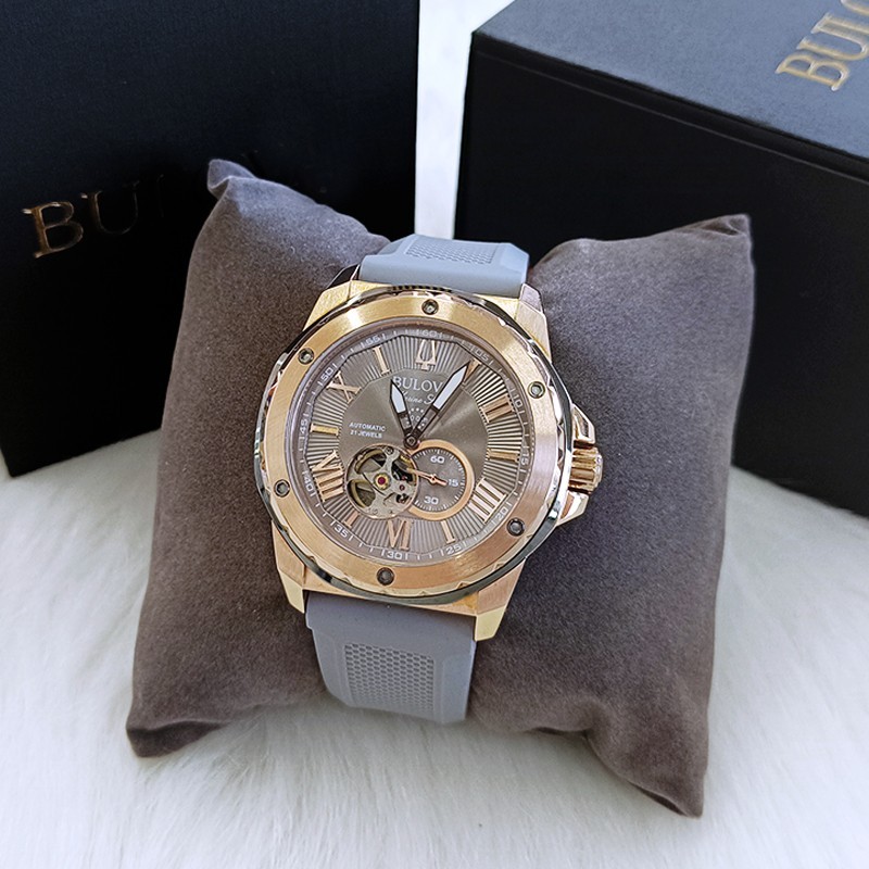 Bulova Marine Star Rose Gold Dial Grey Rubber Strap Men's Automatic Watch 98A228