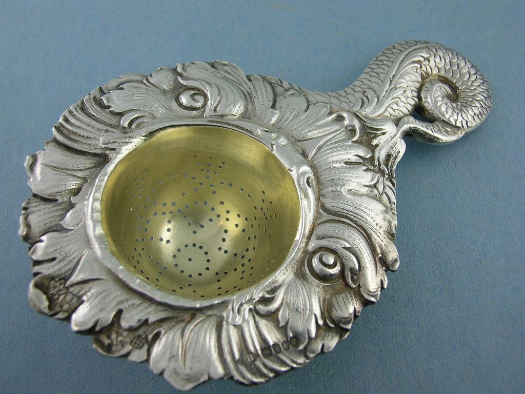 Incredible 800 Silver Tea Strainer KARL KURZ Hanau Germany Dolphin Fish Mouth