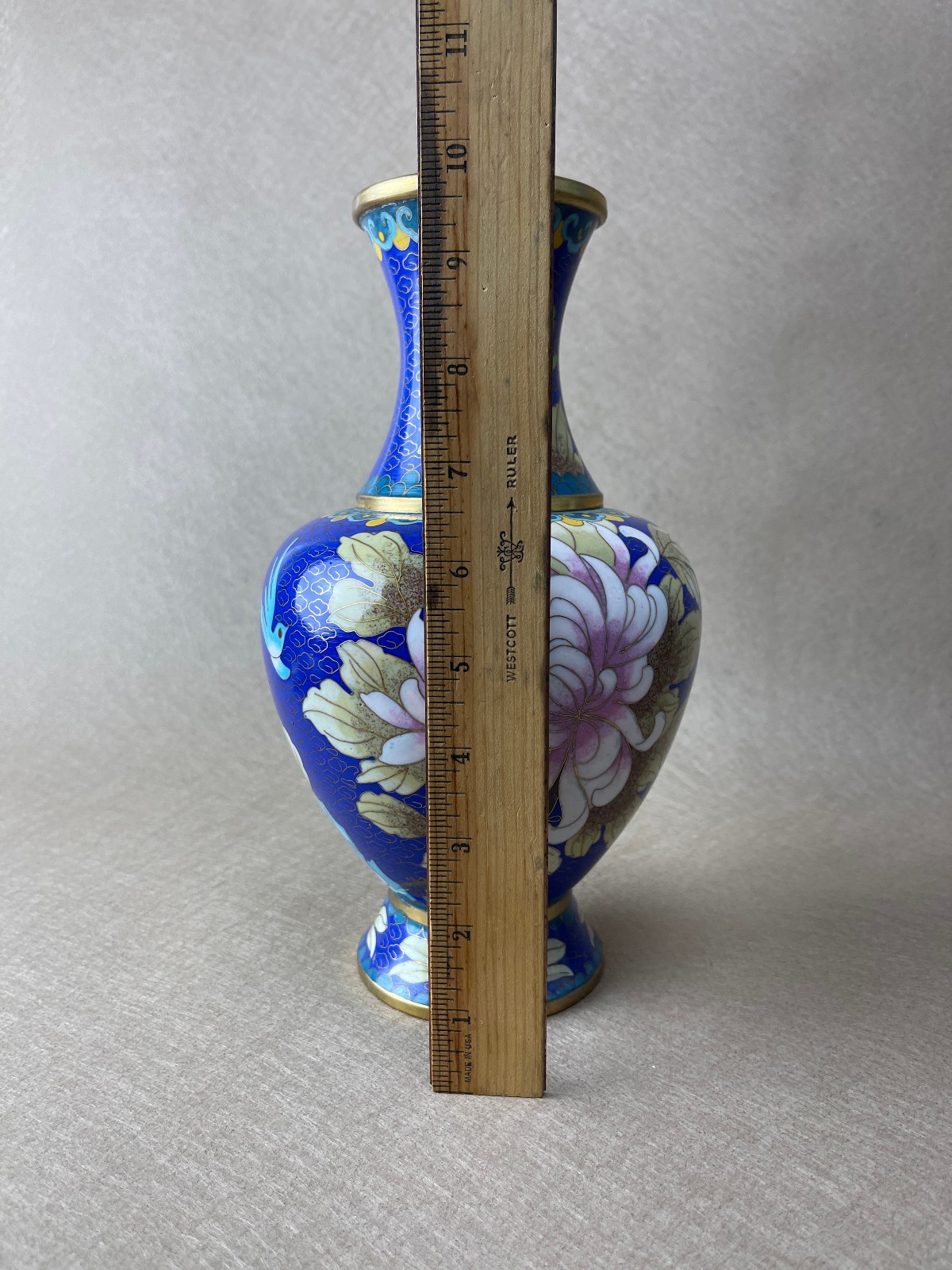 Vintage Chinese Cloisonne Enamel Vase Blue Chrysanthemum Floral Brass 10”
