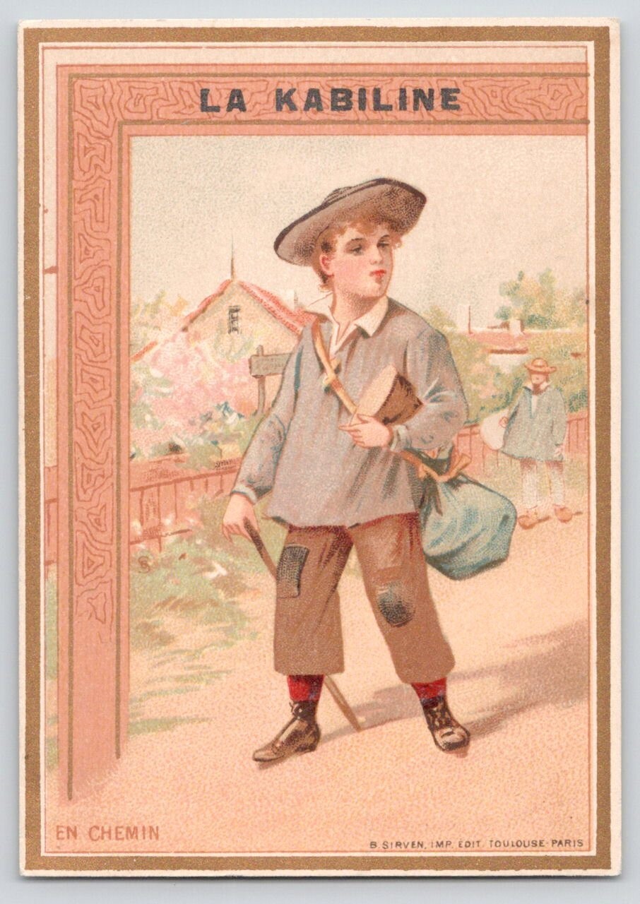 FRENCH Victorian Trade Card La Kabiline Boy Uses Walking Stick Carries Sack