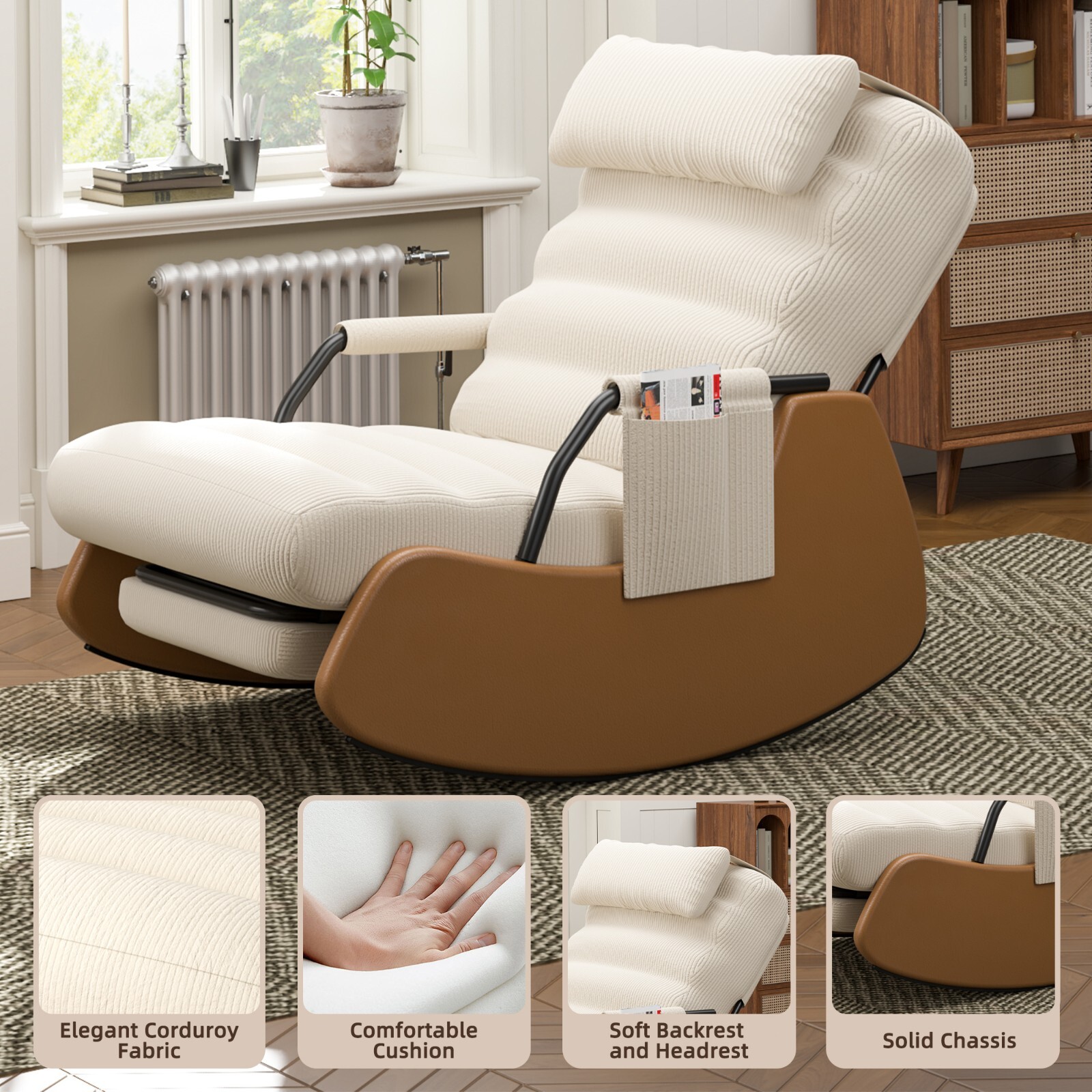 Rocking Chair,Nursery Rocking Chairs with Soft Seat and Headrest Corduroy Fabric