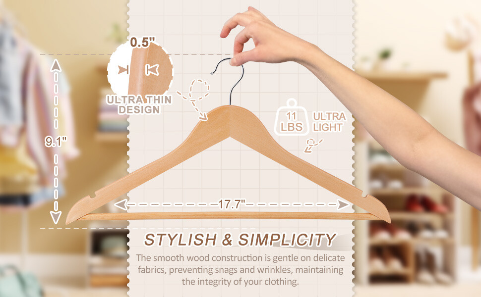 Premium Wooden Hangers 50 Pack Non-Slip Coat Clothes Hangers w/360° Swivel Hook