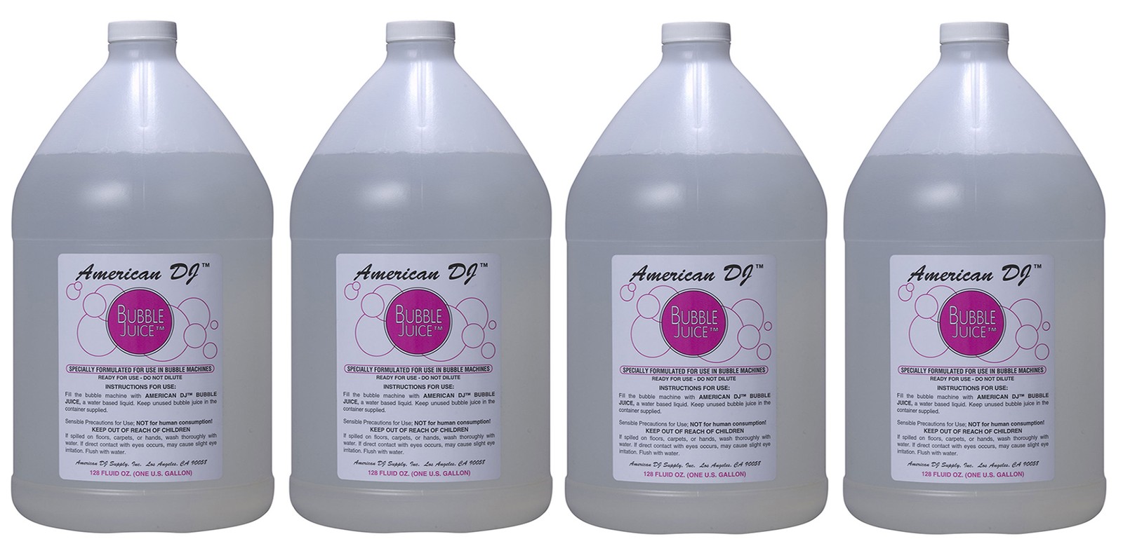 (4) American DJ ADJ BUB/G 1 Gallon Bubble Juice Bottles For Bubble Machines