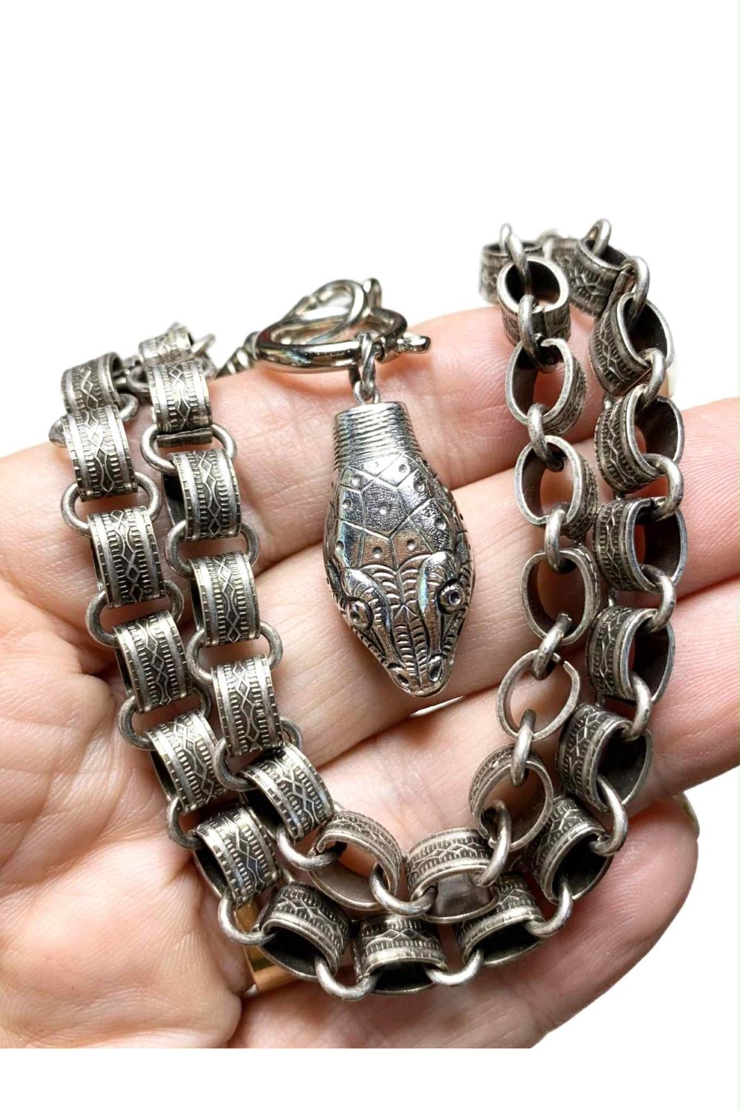 LUX Vintage Whiting + Davis Snake Pendant with Silver Bookchain Necklace, 16-18”