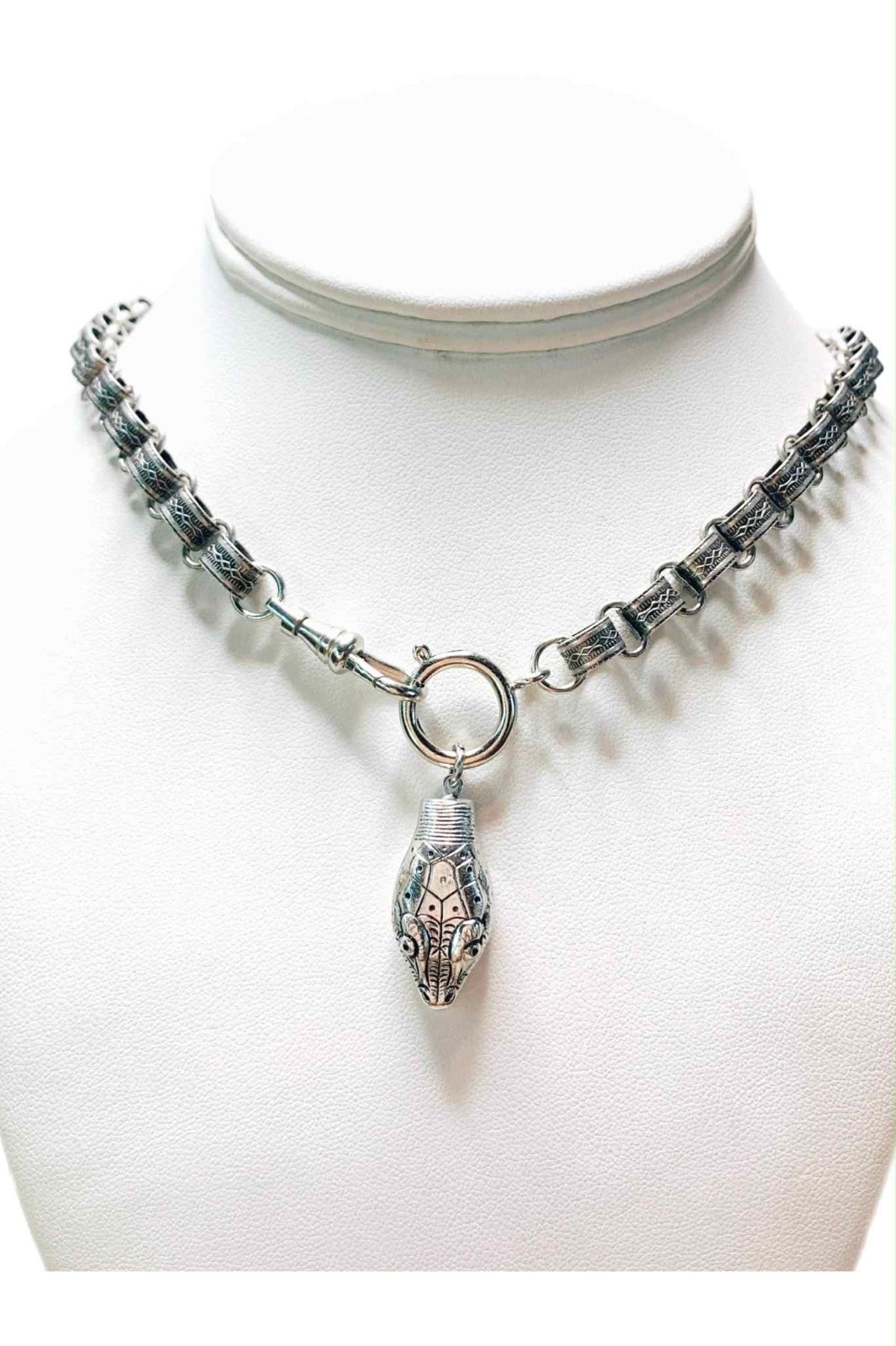 LUX Vintage Whiting + Davis Snake Pendant with Silver Bookchain Necklace, 16-18”