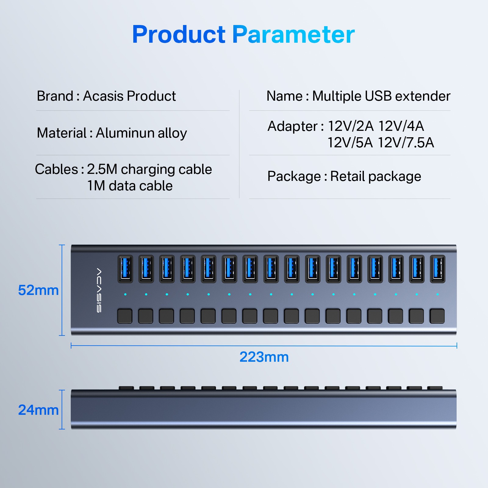 Acasis USB 3.1 Hub 10Gbps 16 Port On/Off Switch with AC Power Adapter for Laptop