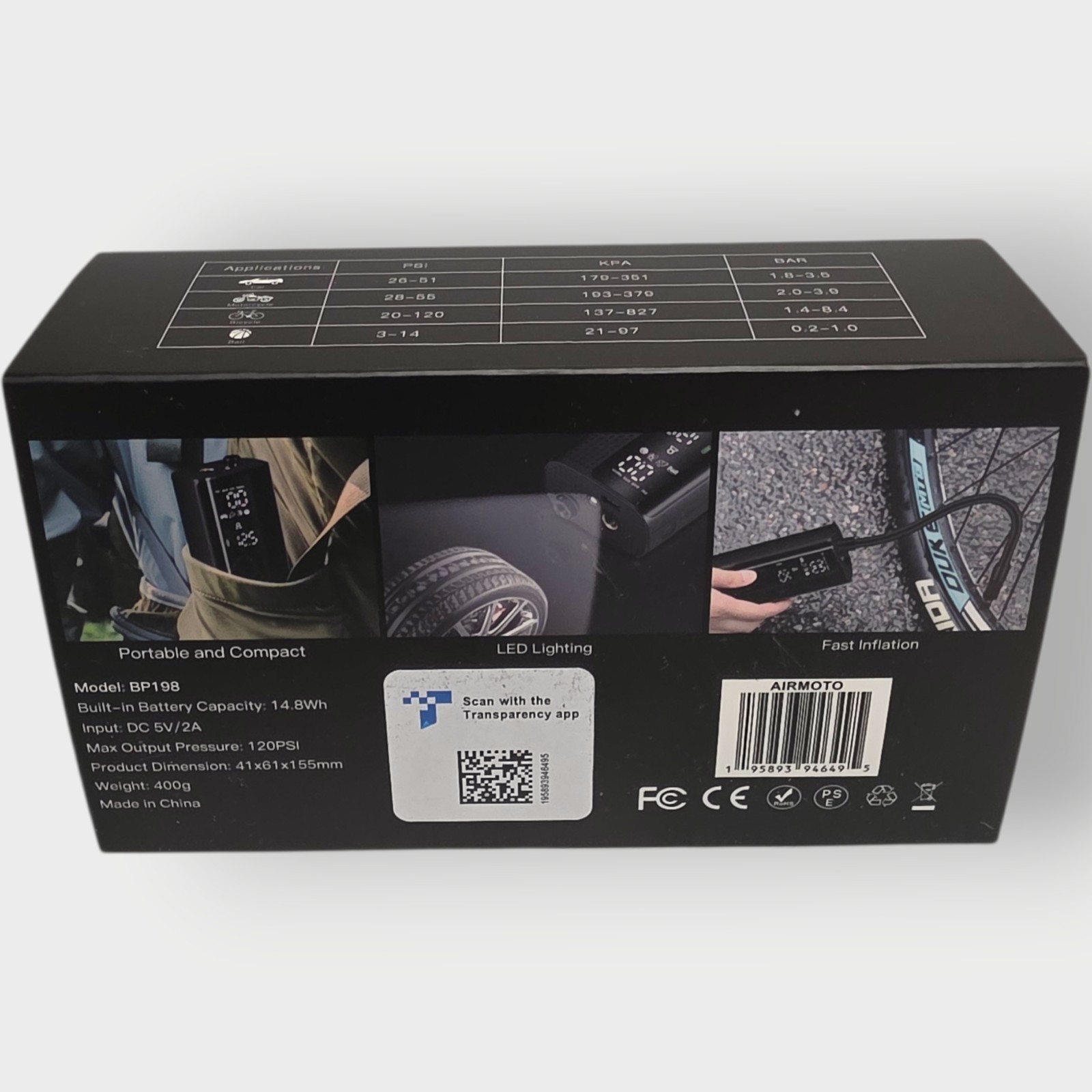 Airmoto Smart Air Pump Model BP198 rechargeable inflator balls bike car tires