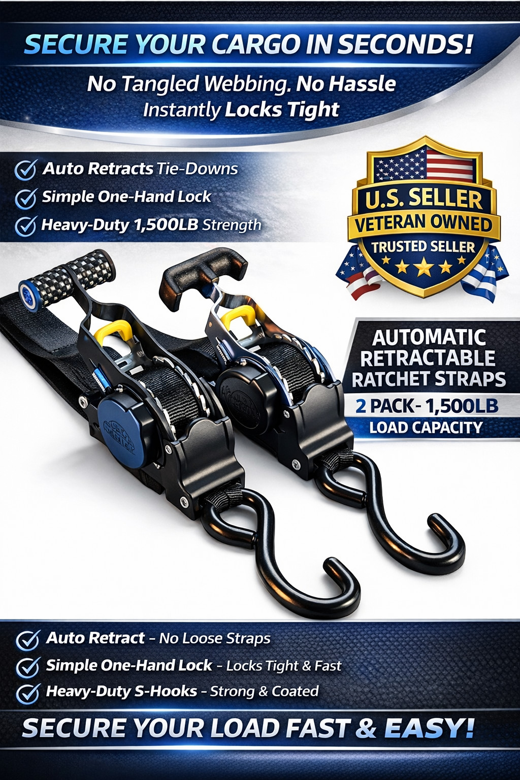 🔥 2-Pack 10FT Retractable Ratchet Tie-Down Straps | 1500LBS Heavy-Duty | S-Hook