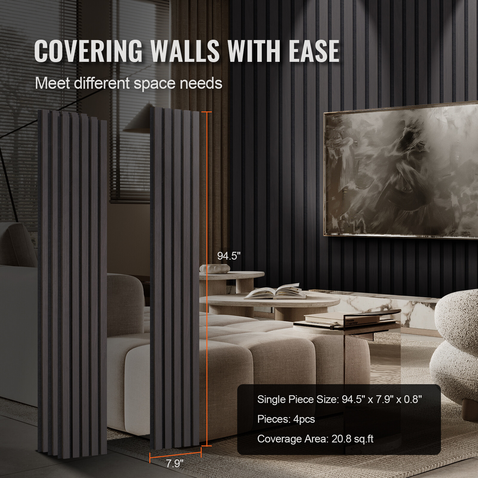 4 Pcs Acoustic Wood Wall Slat Panels 7.9"x94.5" Sound Absorbing Modern Black Oak