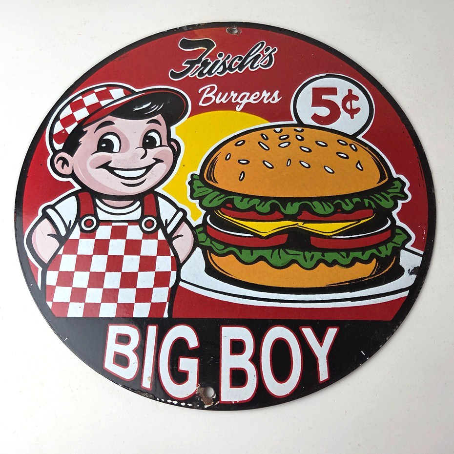Vintage Big Boy Sign - 5 Cent Frisch's Fast Food Porcelain Gas Pump Sign