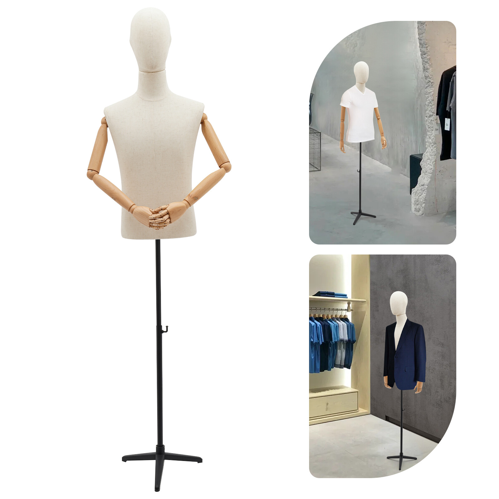 Adult Male Torso Mannequin Dress Form with tripod Base Adjustable Height