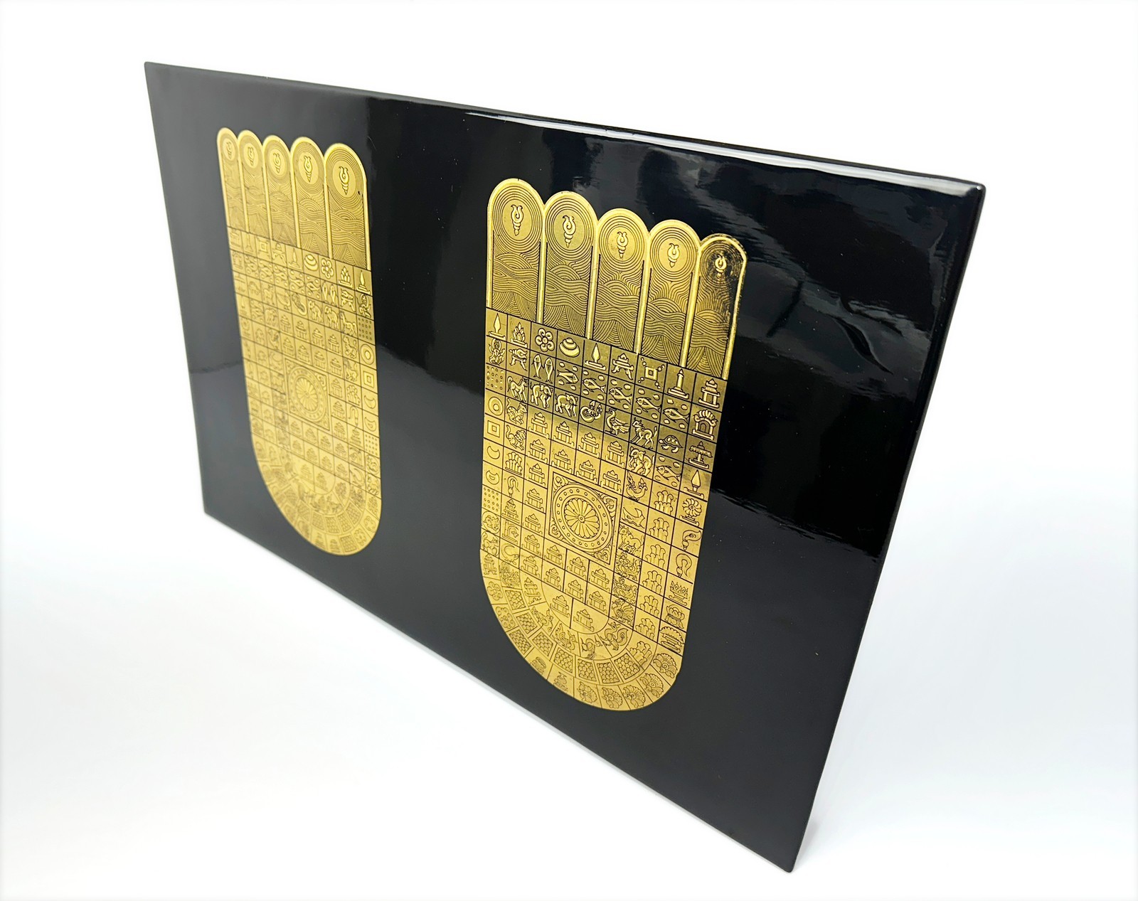 Large Burmese Gold Leaf Buddha Footprint Lacquer Panel Altar Art Zen Decor 18"