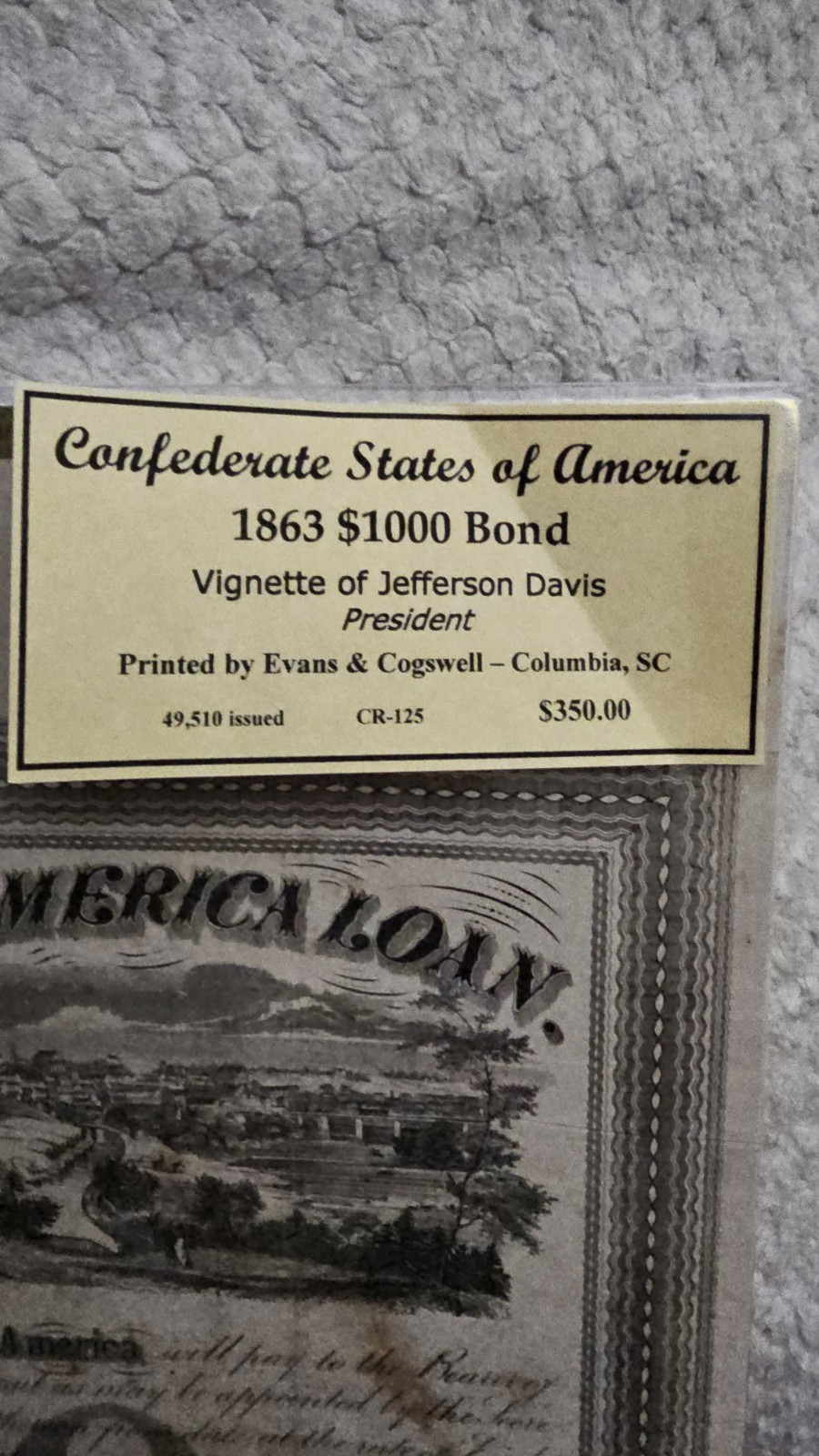 1863 $1000 Confederate States of America Bond CR-125